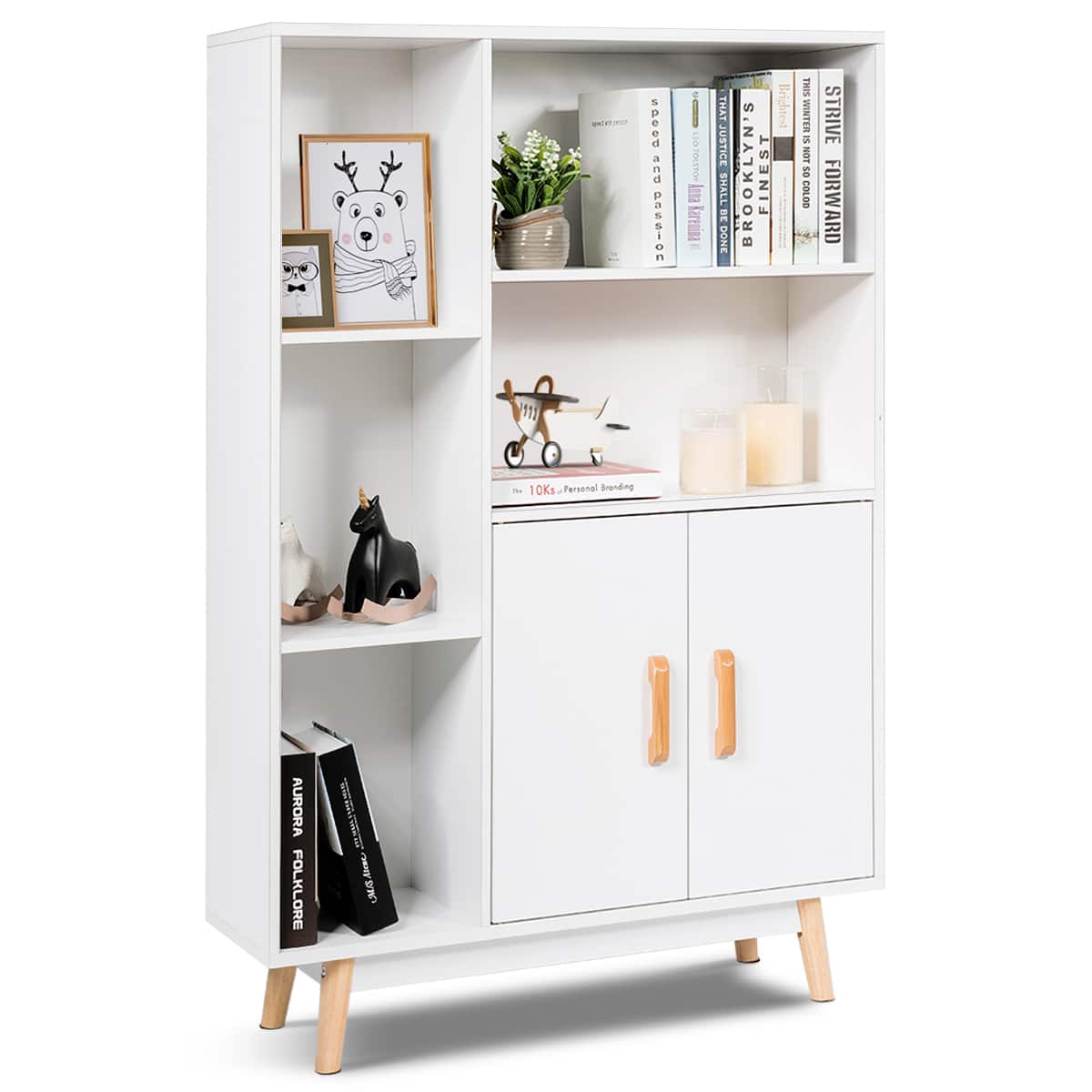 Ecooso - Free Standing Pantry Cabinet & Open Bookshelf with 2 Doors and 5 Shelves - White