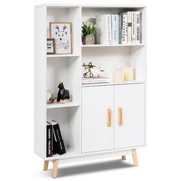 Ecooso - Freestanding Pantry Cabinet and Open Bookshelf with 2 Doors and 5 Storage Shelves - White
