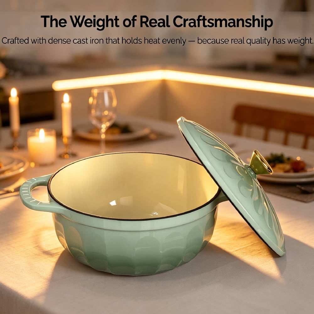 The Weight of Real Craftsmanship  
Crafted with dense cast iron that holds heat evenly — because real quality has weight.