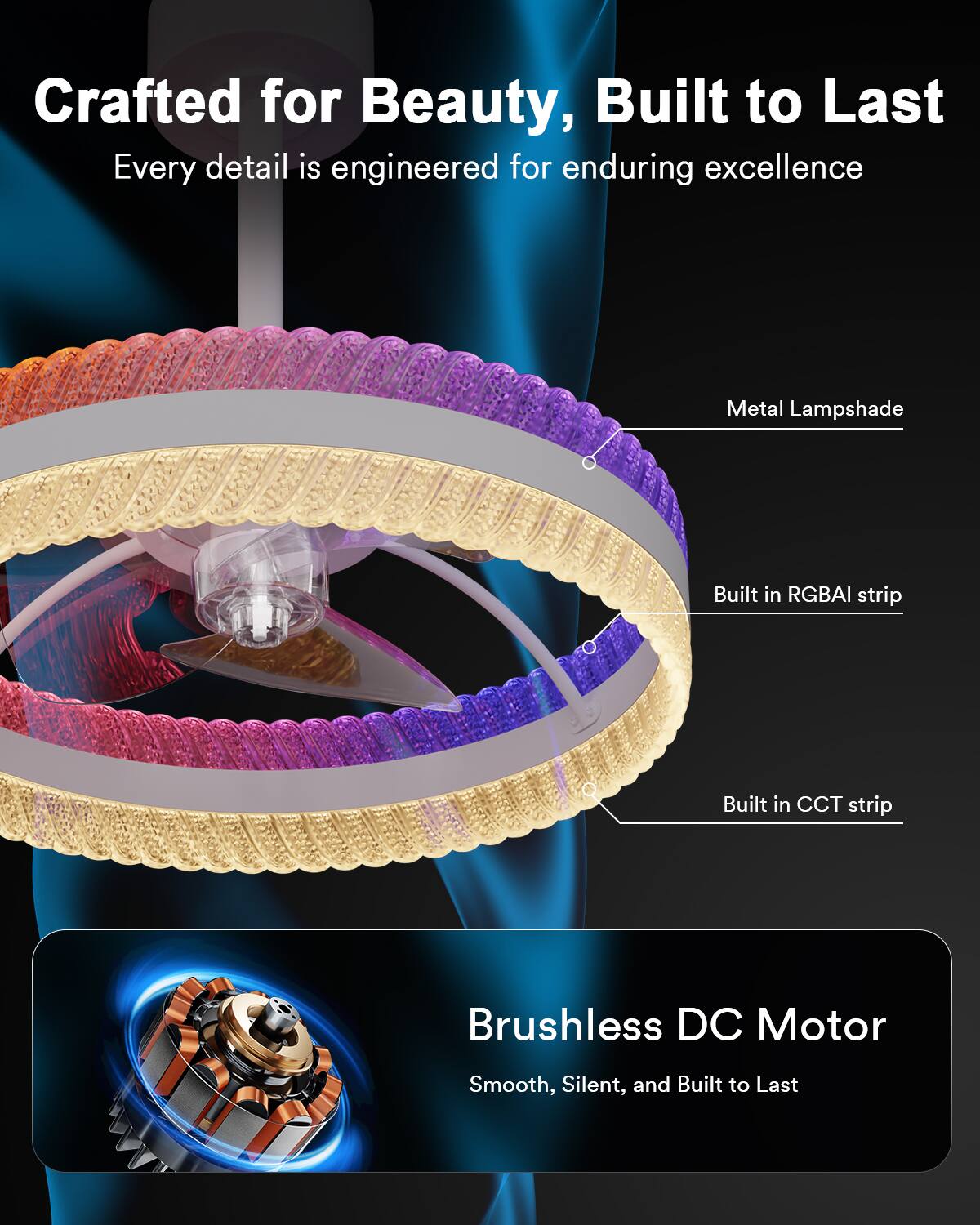 Crafted for Beauty, Built to Last  
Every detail is engineered for enduring excellence  

Metal Lampshade  
Built in RGBAI strip  
Built in CCT strip  

Brushless DC Motor  
Smooth, Silent, and Built to Last
