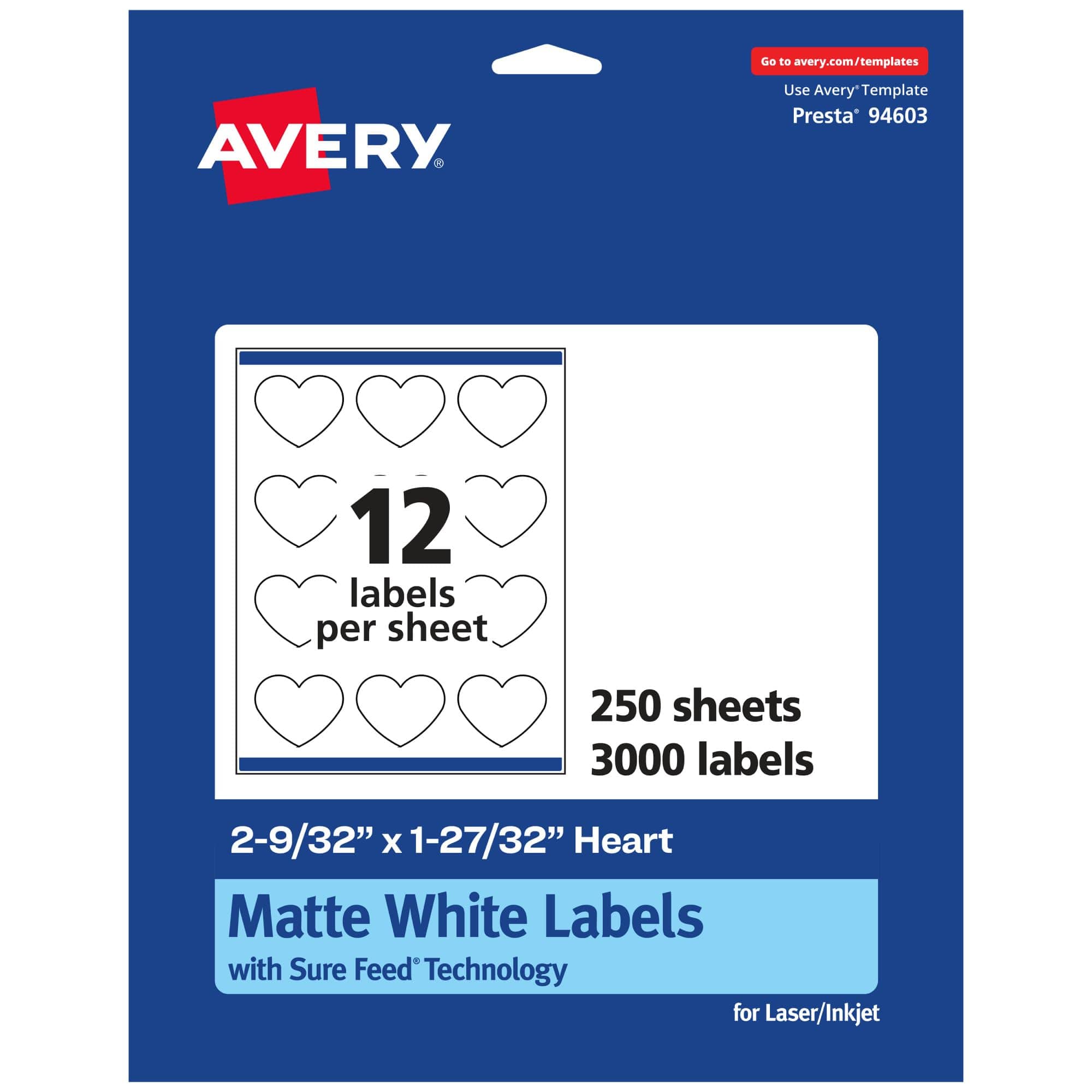 Avery - Heart Matte Labels Sure Feed Technology 2-9/32 x 1-27/32, 3,000 Printable Permanent Adhesive Inkjet Laser Printers - White