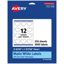Avery - Heart Matte Labels Sure Feed Technology 2-9/32 x 1-27/32, 3,000 Printable Permanent Adhesive Inkjet Laser Printers - White
