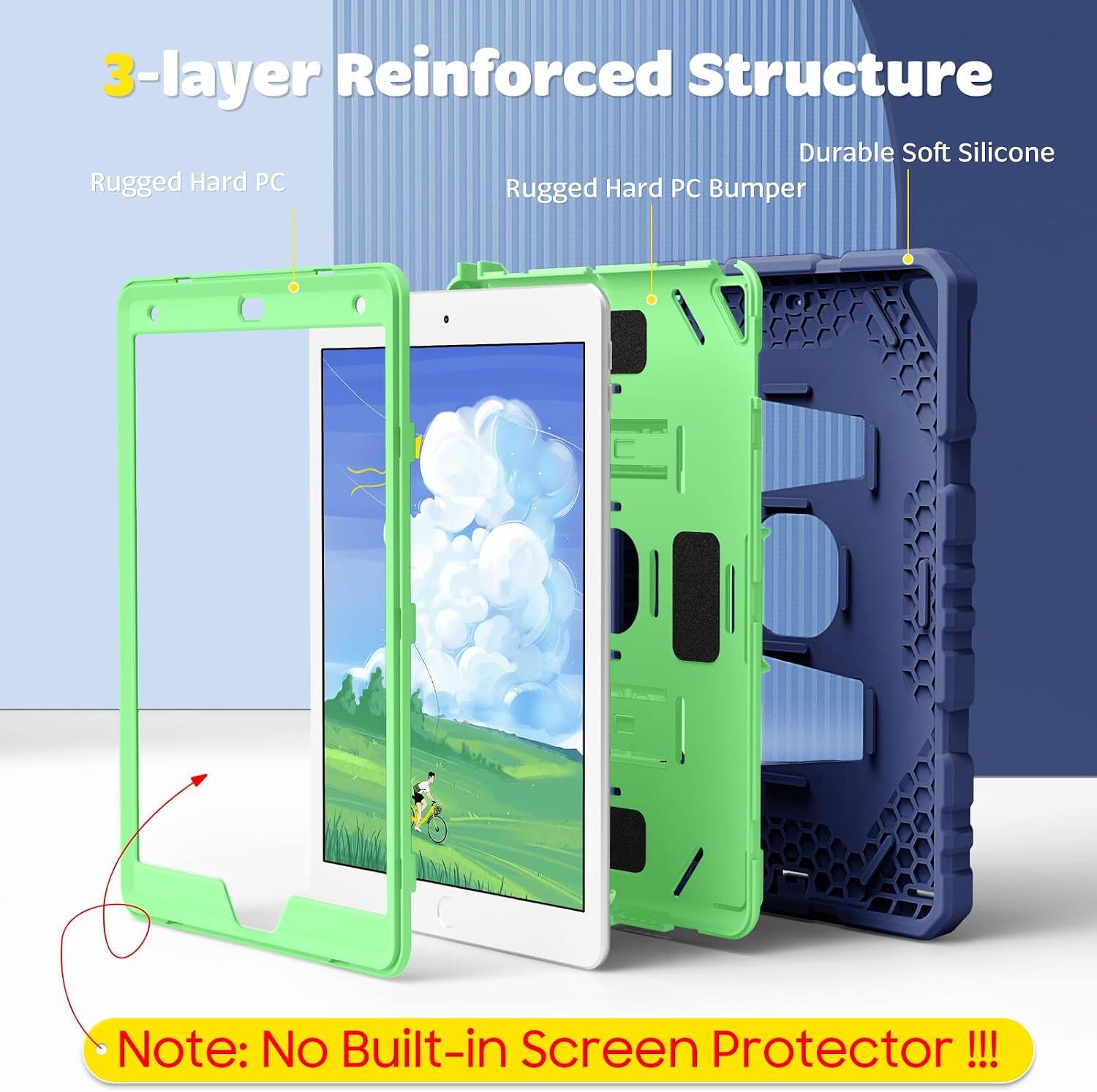 3-layer Reinforced Structure  
Durable Soft Silicone  
Rugged Hard PC  
Rugged Hard PC Bumper  

Note: No Built-in Screen Protector !!!