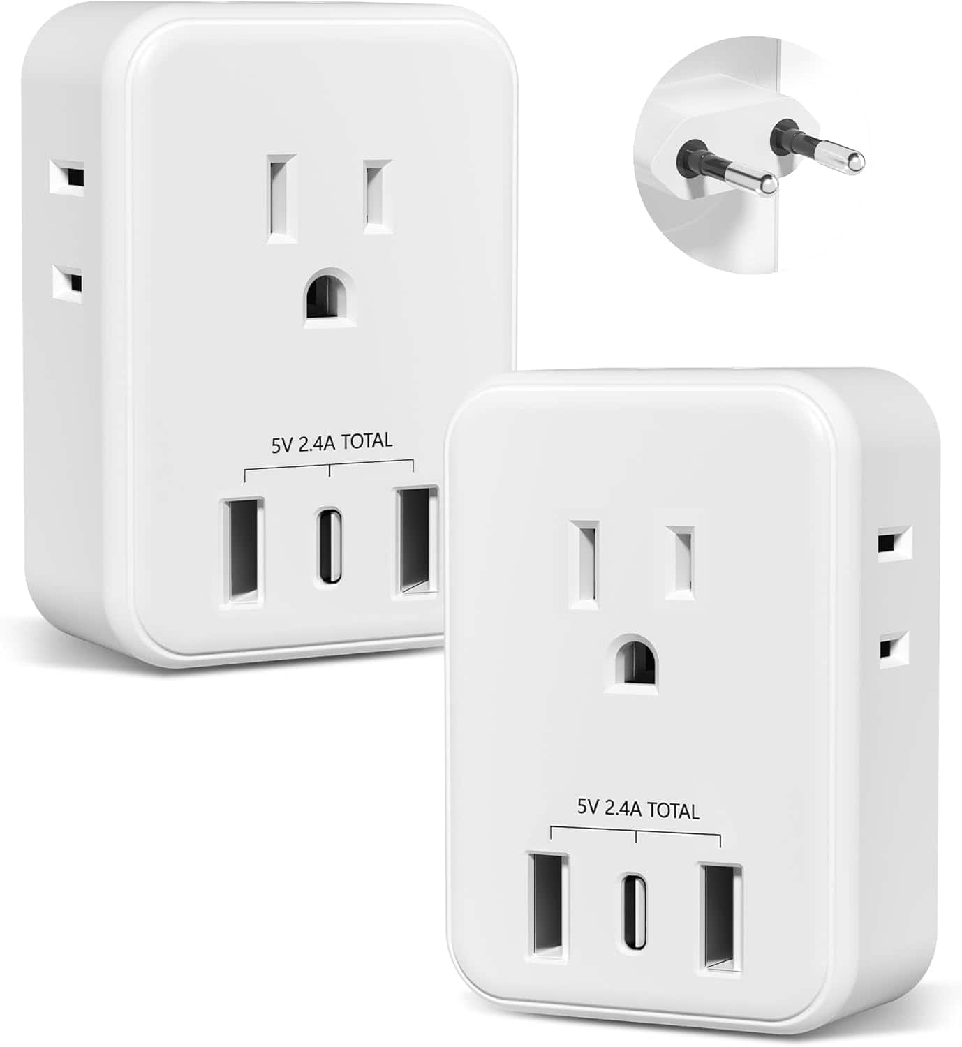 BN-LINK - 2-Pack European Travel Plug Adapter, 4 Outlets & 3 USB Ports (USB-C), Type C for Europe - White