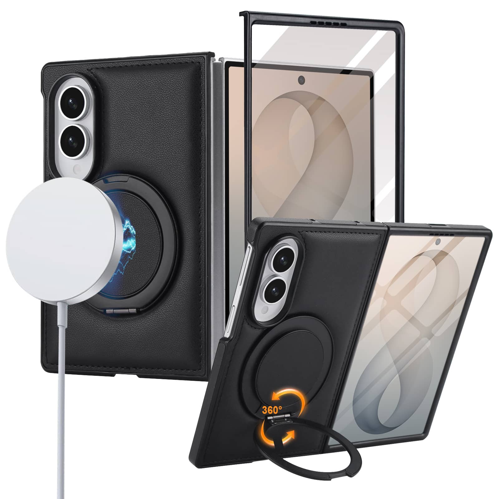 Dteck - Shockproof Case for Samsung Galaxy Z Fold8 with Stand, Magnetic Leather Texture Rigid Plastic Cover Built in Screen Film - Black price history on PriceWatchPro