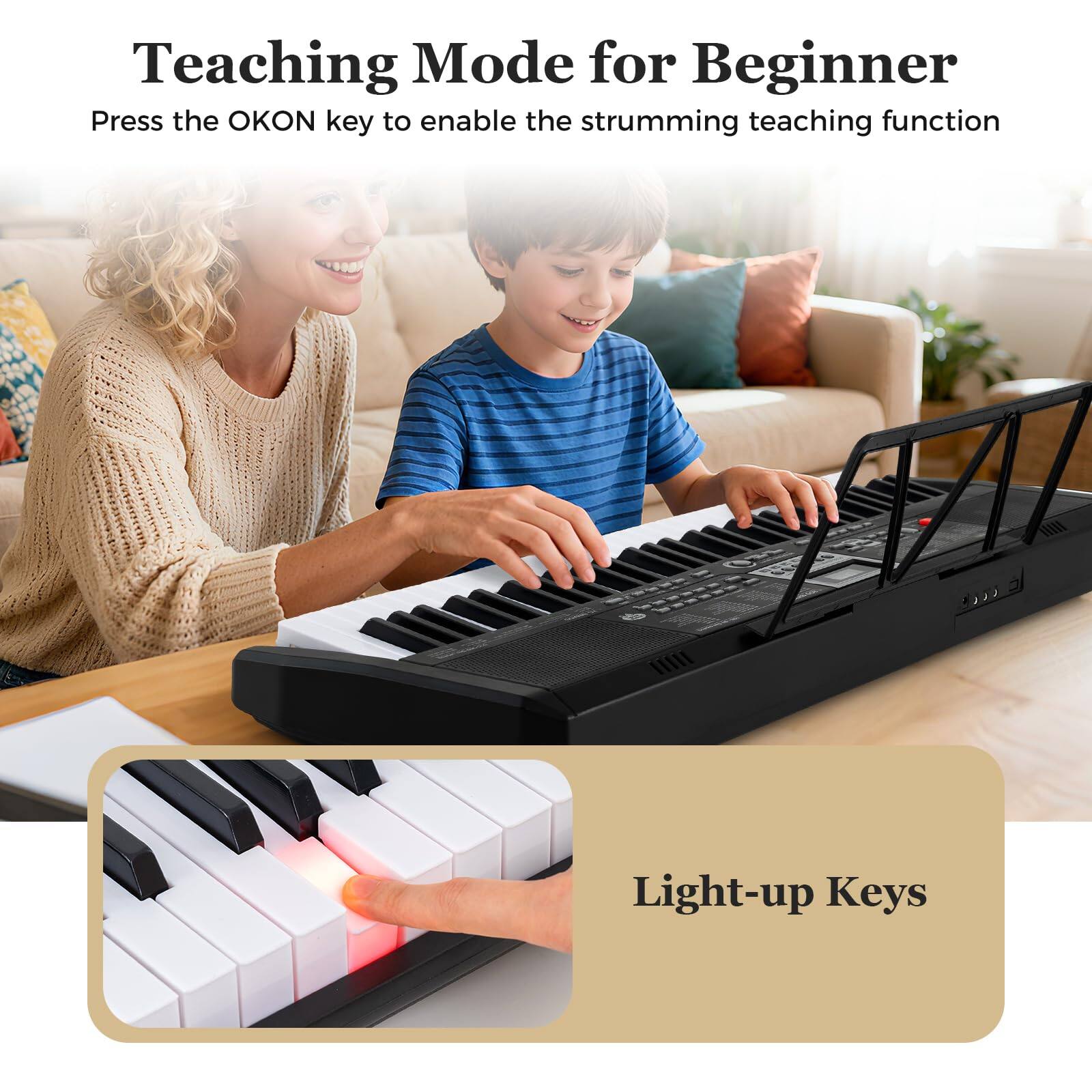 Teaching Mode for Beginner  
Press the OKON key to enable the strumming teaching function  

Light-up Keys