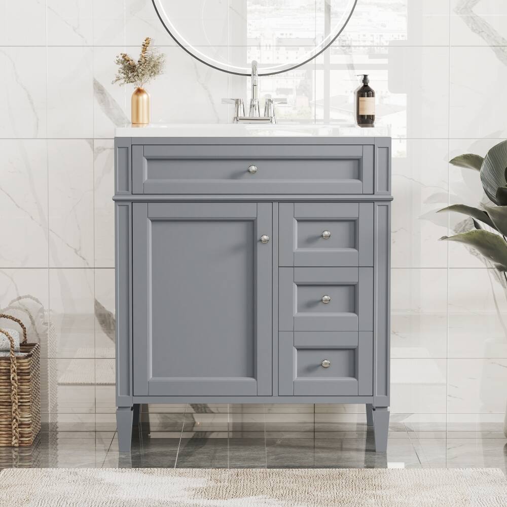 Angle. Loheer - 30 inch Bathroom Vanity with Sink, Grey Single Sink Bathroom Vanity with 2 Drawers and Tip-out Drawer - Grey.