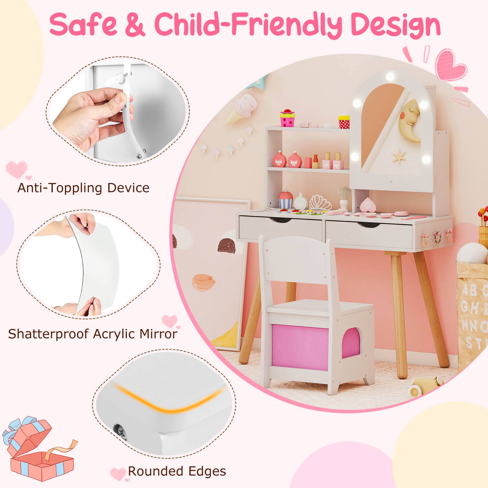 Safe & Child-Friendly Design

- Anti-Toppling Device
- Shatterproof Acrylic Mirror
- Rounded Edges