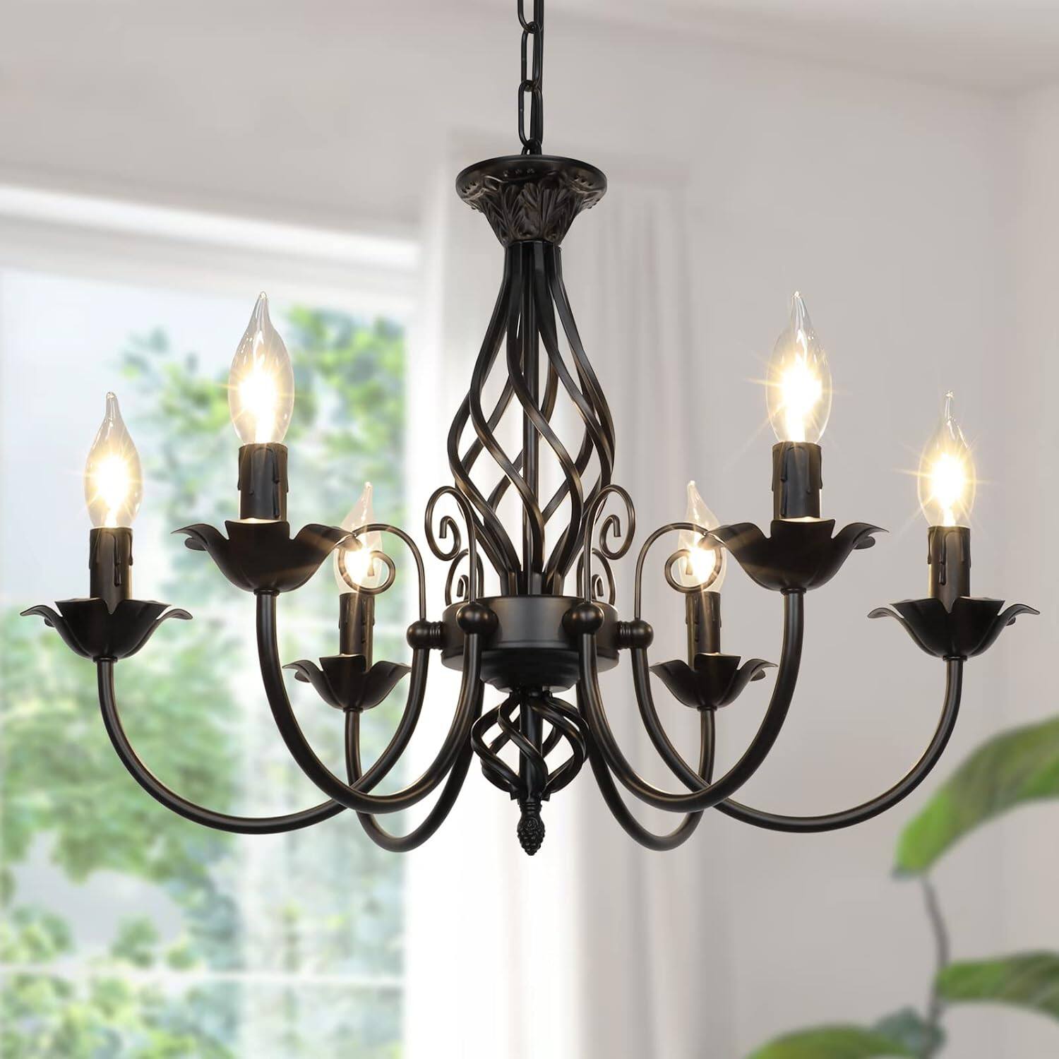 Nordic Hygge - 6-Light Farmhouse Candle Chandelier for Living Room, Rustic Industrial Pendant Ceiling Light fixture - Black