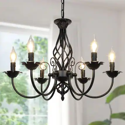 Front. Nordic Hygge - 6-Light Farmhouse Candle Chandelier for Living Room, Rustic Industrial Pendant Ceiling Light fixture - Black.