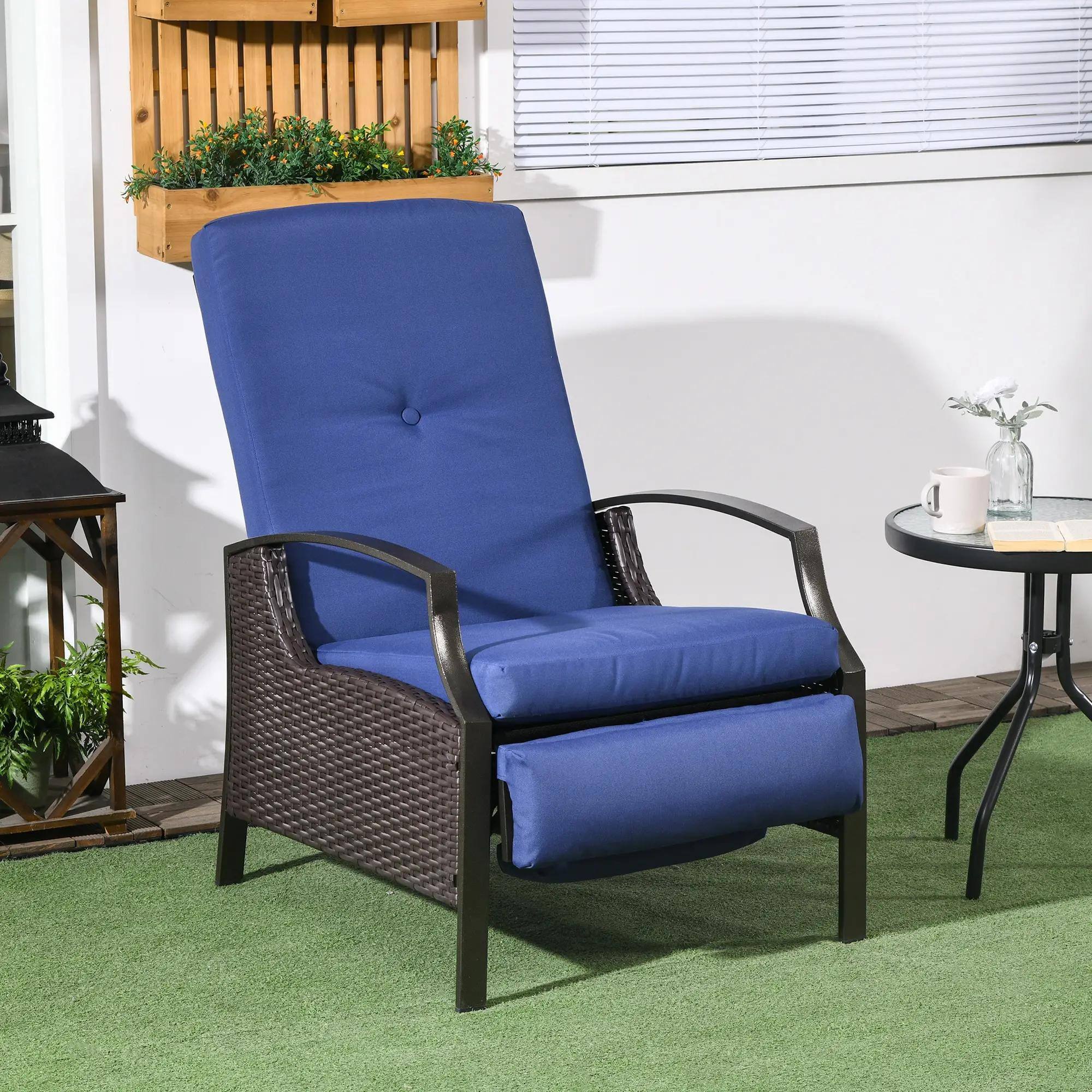 Alt View 7. Resenkos - Resenkos Outdoor Rattan Recliner Chic Set With Cushions & Footrests, Wicker Lounge Chair With Armrests, Dark Blue - Dark Blue.