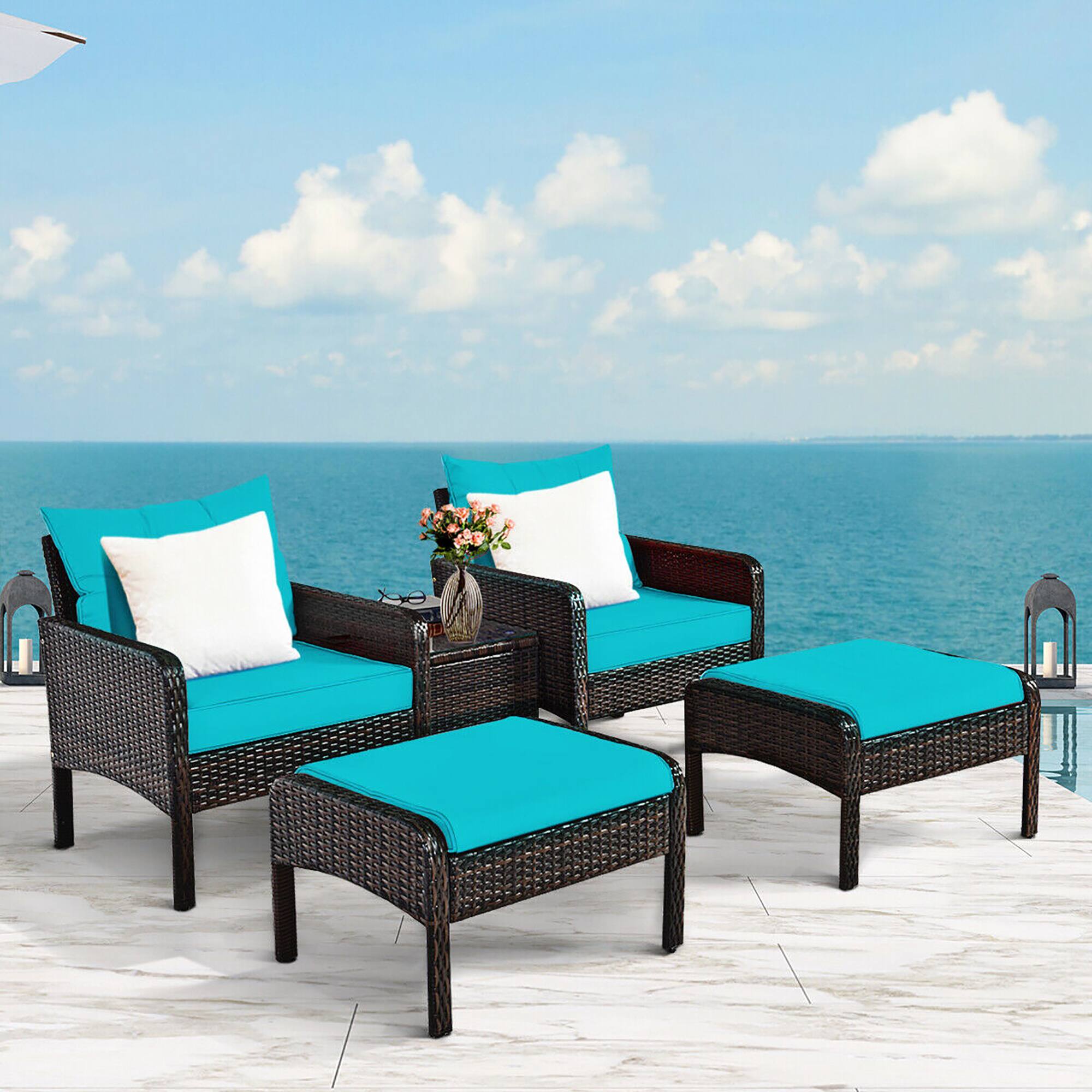 Alt View 4. Costway - Costway 5 PCS Patio Rattan Furniture Set Sofa Ottoman Table Cushioned - Turquoise.