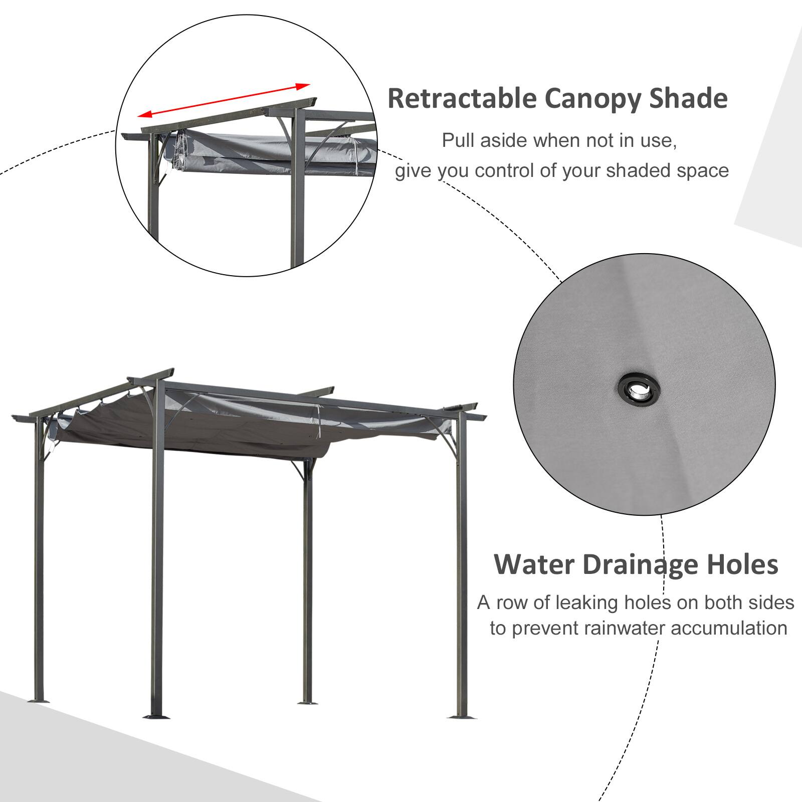Retractable Canopy Shade: Pull aside when not in use, give you control of your shaded space

Water Drainage Holes: A row of leaking holes on both sides to prevent rainwater accumulation