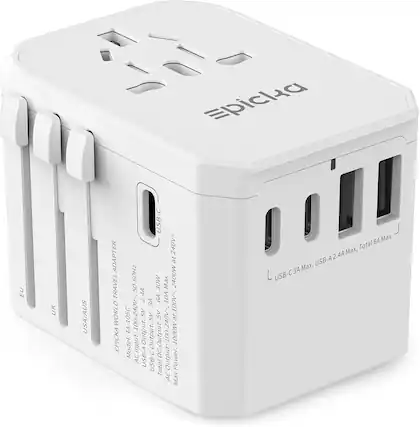 Epicka is a brand that offers a travel adapter with USB-C and USB-A ports. The adapter is designed to work in various countries, including the EU, UK, USA, and Australia. It has a maximum output of 240V, 16A, 50-60Hz, and a maximum power of 2400W. The adapter can handle a variety of input and output voltage ranges, including 100-240V, 5V, and 5V. The model number for this adapter is TA-105C.