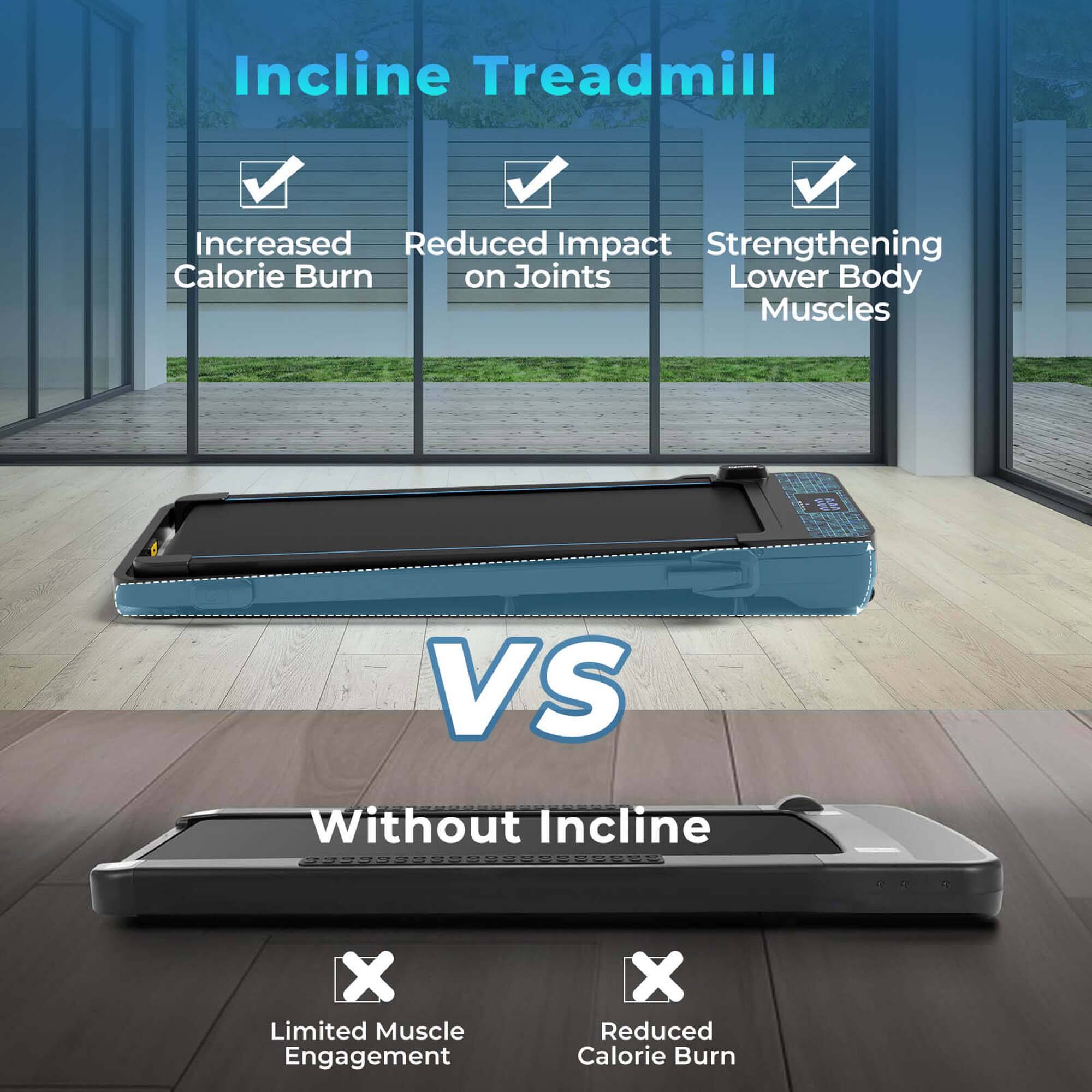 Incline Treadmill  
- Increased Calorie Burn  
- Reduced Impact on Joints  
- Strengthening Lower Body Muscles  

VS  

Without Incline  
- Limited Muscle Engagement  
- Reduced Calorie Burn