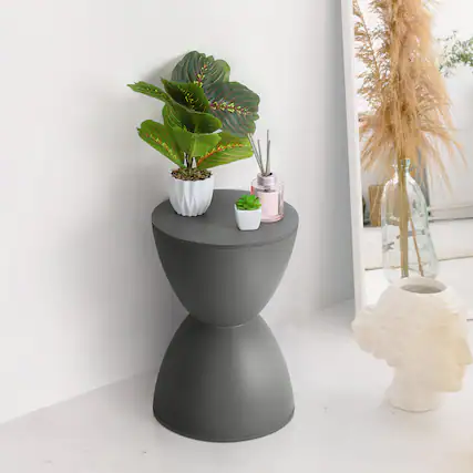 Front. Oumilen - Modern Hourglass Accent Stool - Multifunctional Side Table for Living Room, Bedroom, and Entryway - Gray.