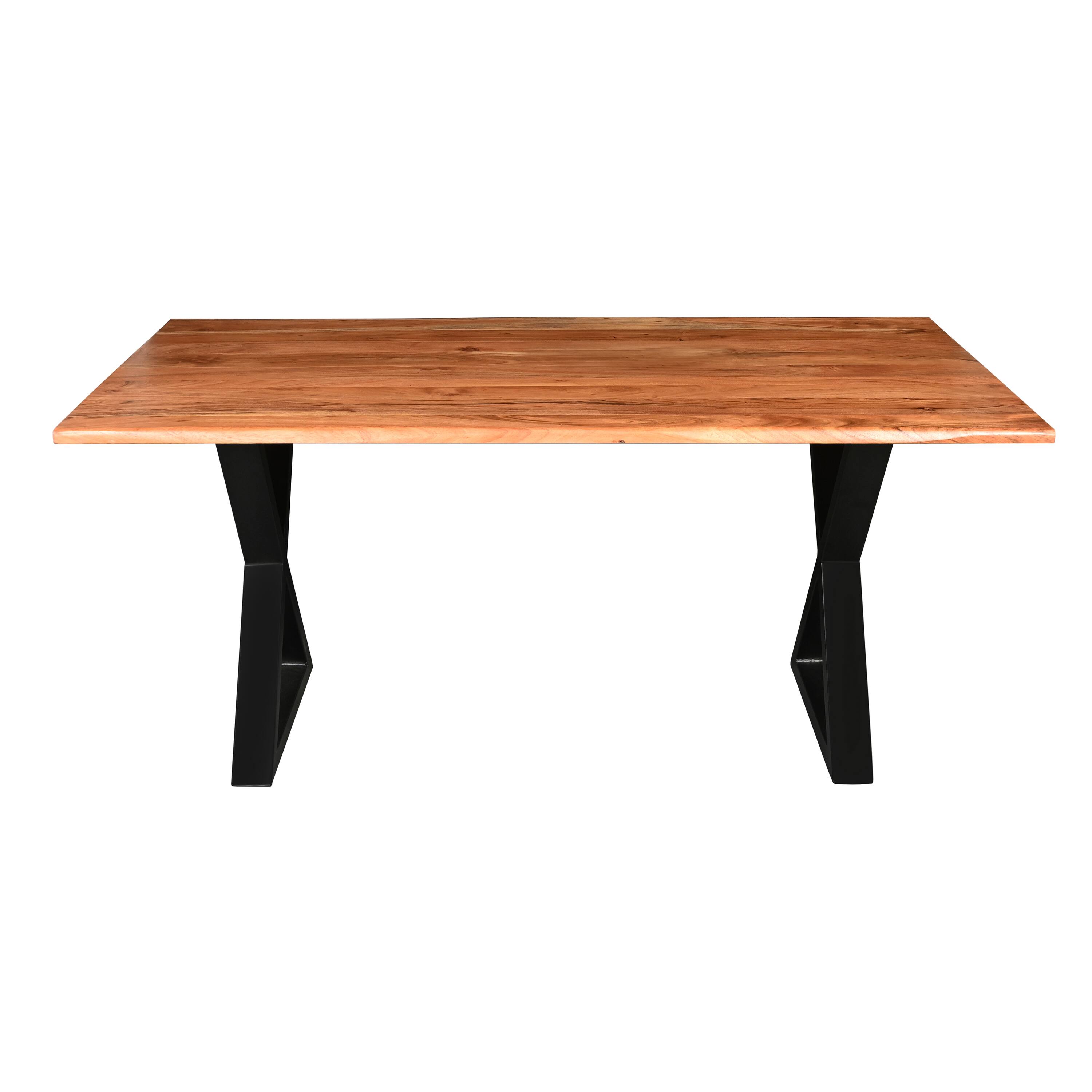 Alt View 1. Manhattan Lane - 67 Inch Rectangular Dining Table with Crossed Black Metal Legs and Natural Brown Faux Live Edge Acacia Wood Top - Brown and Black.
