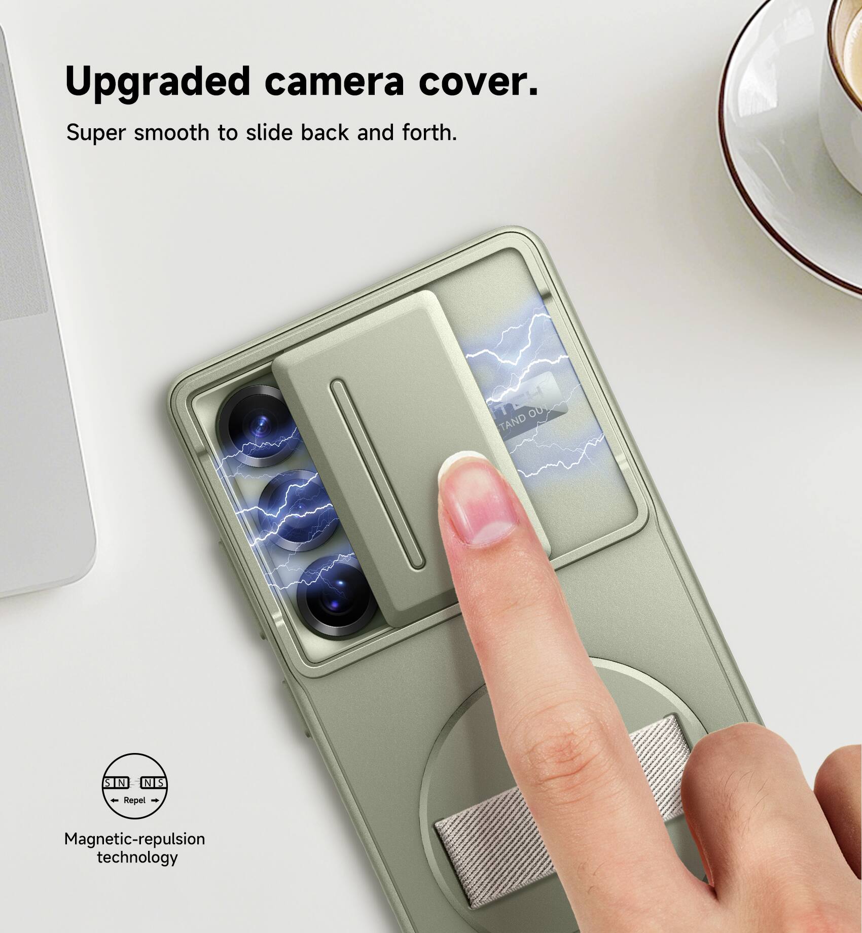 Upgraded camera cover.  
Super smooth to slide back and forth.  
O0 TAND N N - Repel - Magnetic-repulsion technology