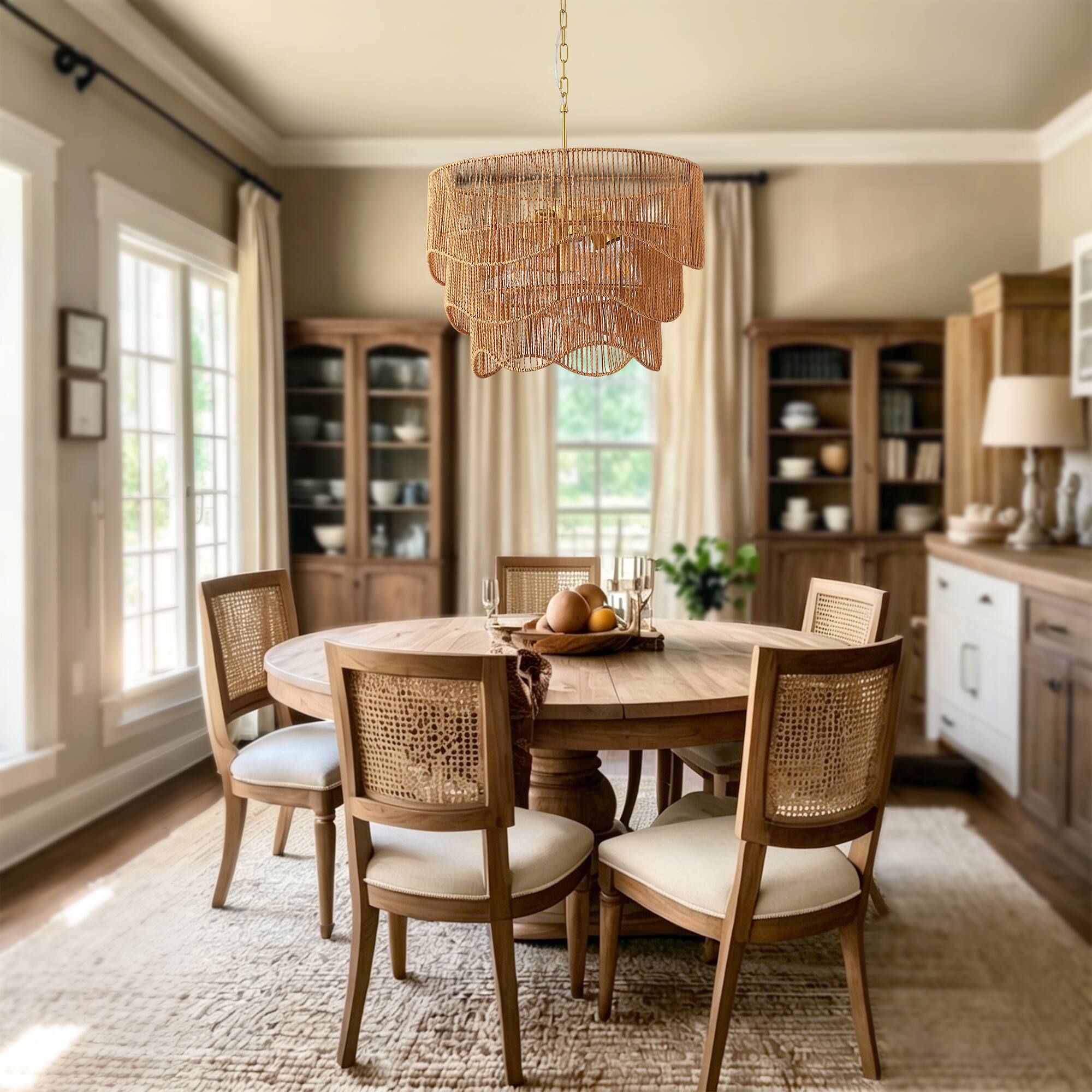 Left. Malletson - 7-Light Boho Chandelier, Woven Rattan Style Pendant Light with Adjustable Height, E26 Ceiling Fixture for Dining Room.