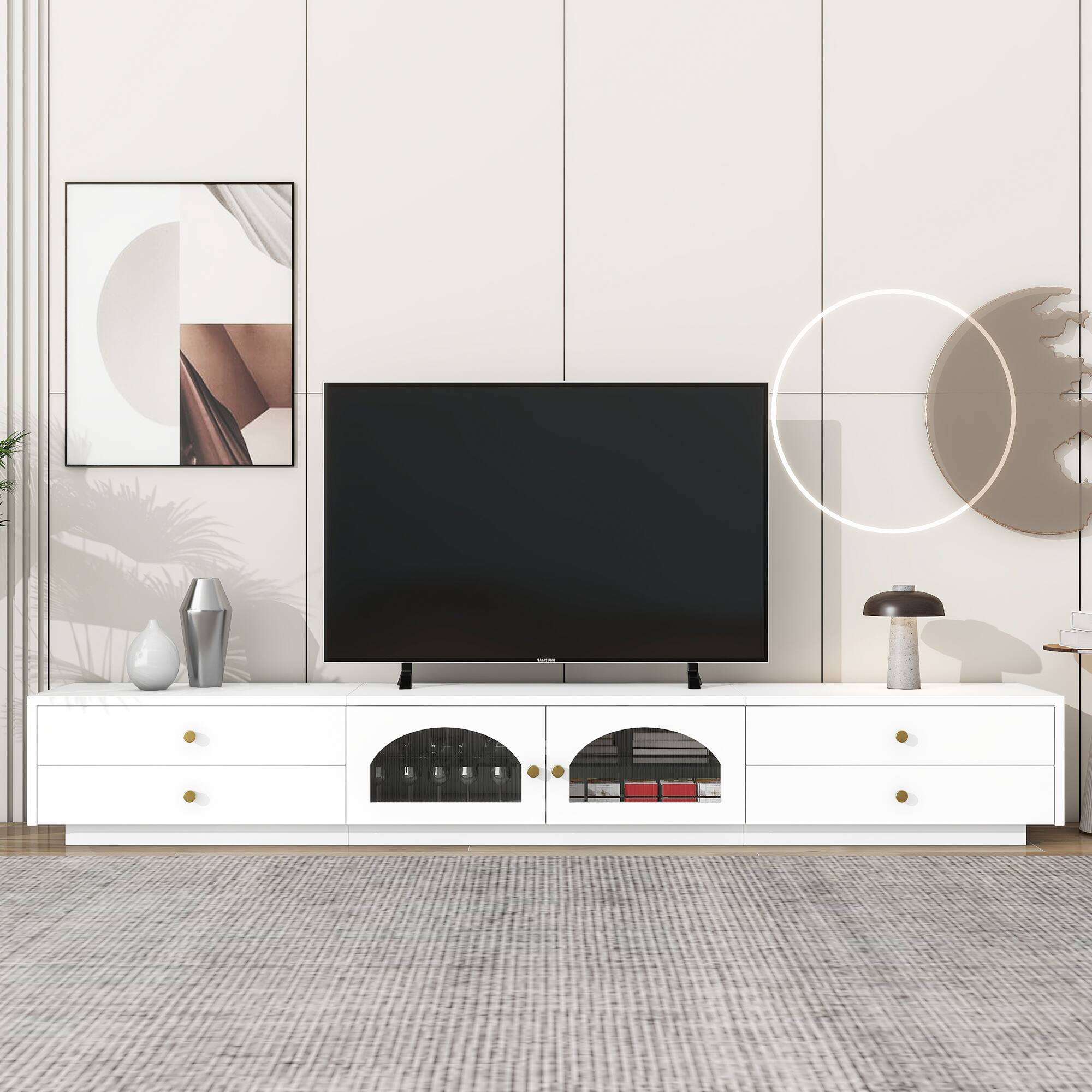 Angle. APRILSOUL - Luxurious TV Stand with Fluted Glass Doors Elegant and Functional Console for TVs Up to 95in Tempered Glass Shelf White - White.
