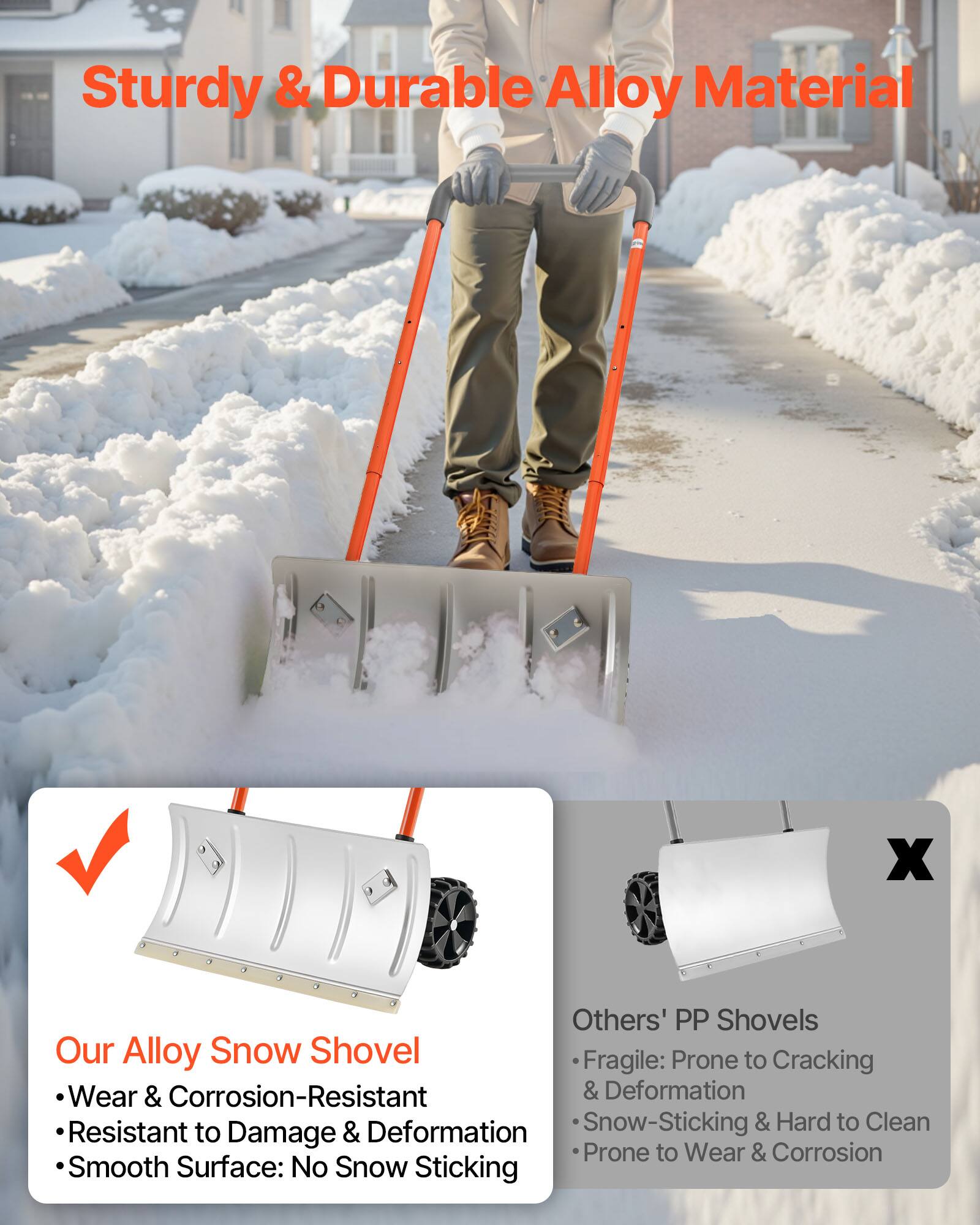 Sturdy & Durable Alloy Material

Our Alloy Snow Shovel
- Wear & Corrosion-Resistant
- Resistant to Damage & Deformation
- Smooth Surface: No Snow Sticking

Others' PP Shovels
- Fragile: Prone to Cracking & Deformation
- Snow-Sticking & Hard to Clean
- Prone to Wear & Corrosion
