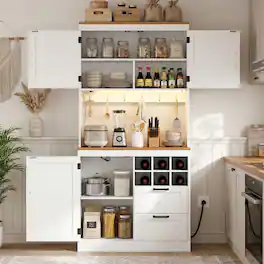 Aheaplus - 72'' Tall Pantry Cabinet with 2 Drawers & Grid Wine Rack, Storage Cabinet with Power Outlets & LED Lights - White & Brown