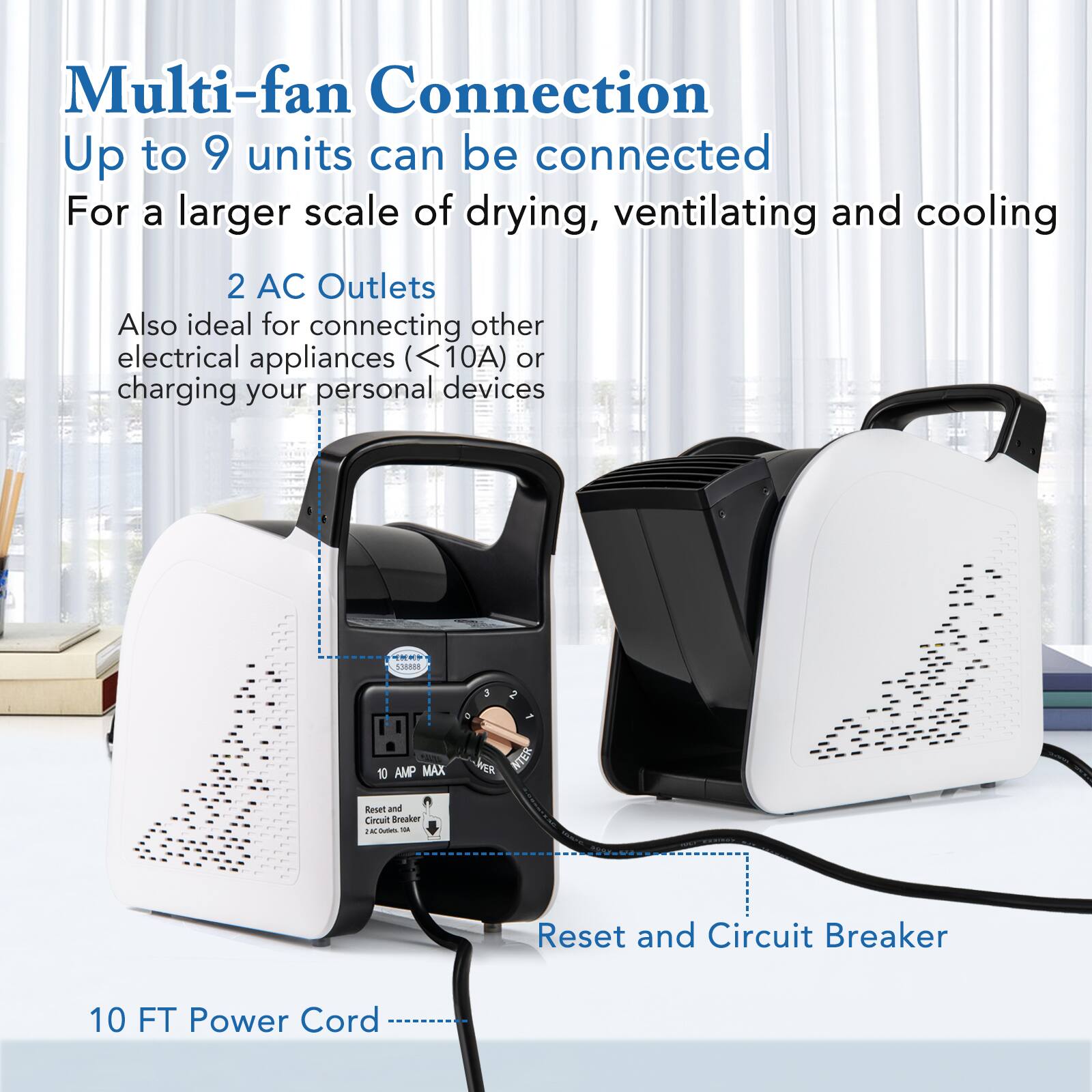 Multi-fan Connection  
Up to 9 units can be connected  
For a larger scale of drying, ventilating and cooling  

2 AC Outlets  
Also ideal for connecting other electrical appliances (<10A) or charging your personal devices  

Reset and Circuit Breaker  
10 FT Power Cord