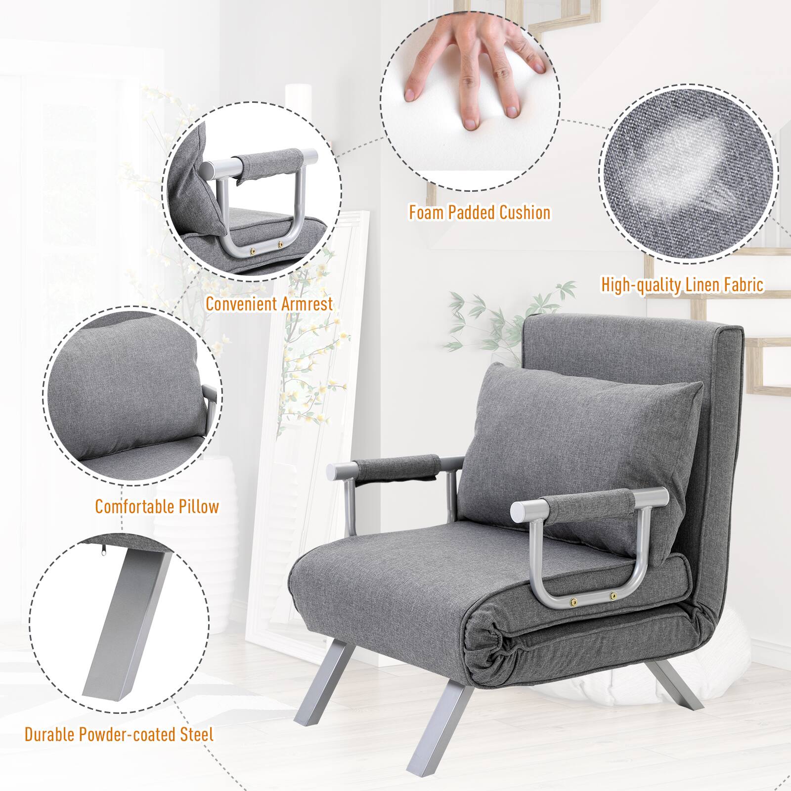- Convenient Armrest
- Foam Padded Cushion
- High-quality Linen Fabric
- Comfortable Pillow
- Durable Powder-coated Steel