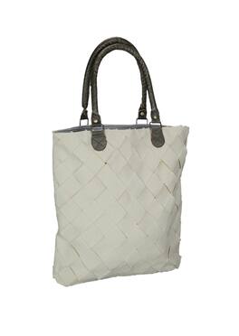 Audrey's - Lattice Basket Weave Cotton Tote Bag W/ Leather Handles 16 X 15 Inches - Cream