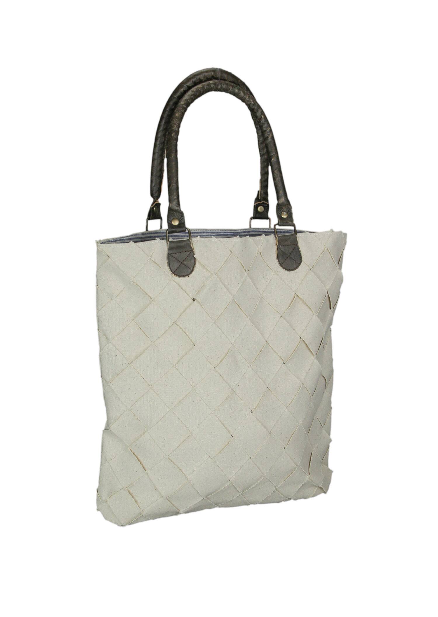 Front. Audrey's - Lattice Basket Weave Cotton Tote Bag W/ Leather Handles 16 X 15 Inches - Cream.