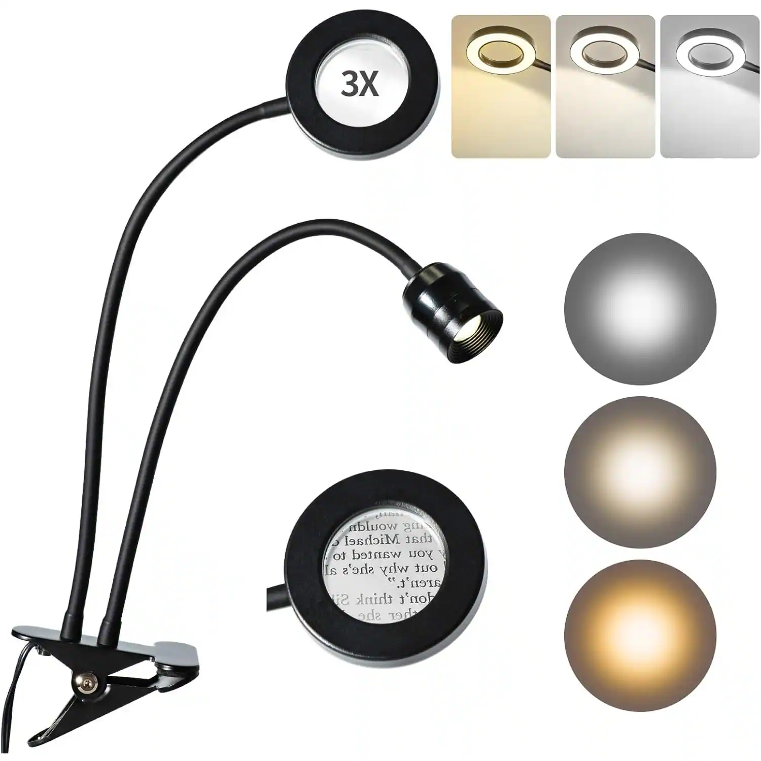 PARKER SLATER - Clip-On LED Reading Light with 3X Magnifier – Dimmable, Zoomable Spotlight for Desk & Bed - Black