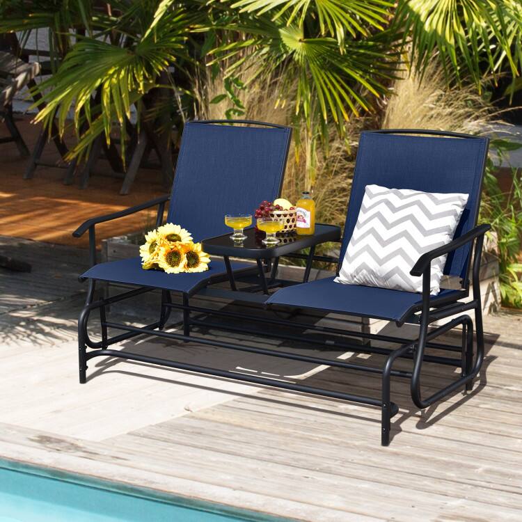 Left. Mondawe - 2-Person Rocking Loveseat w/ Center Tempered Glass Table, Double Outdoor Glider Bench with Mesh Fabric - Navy.