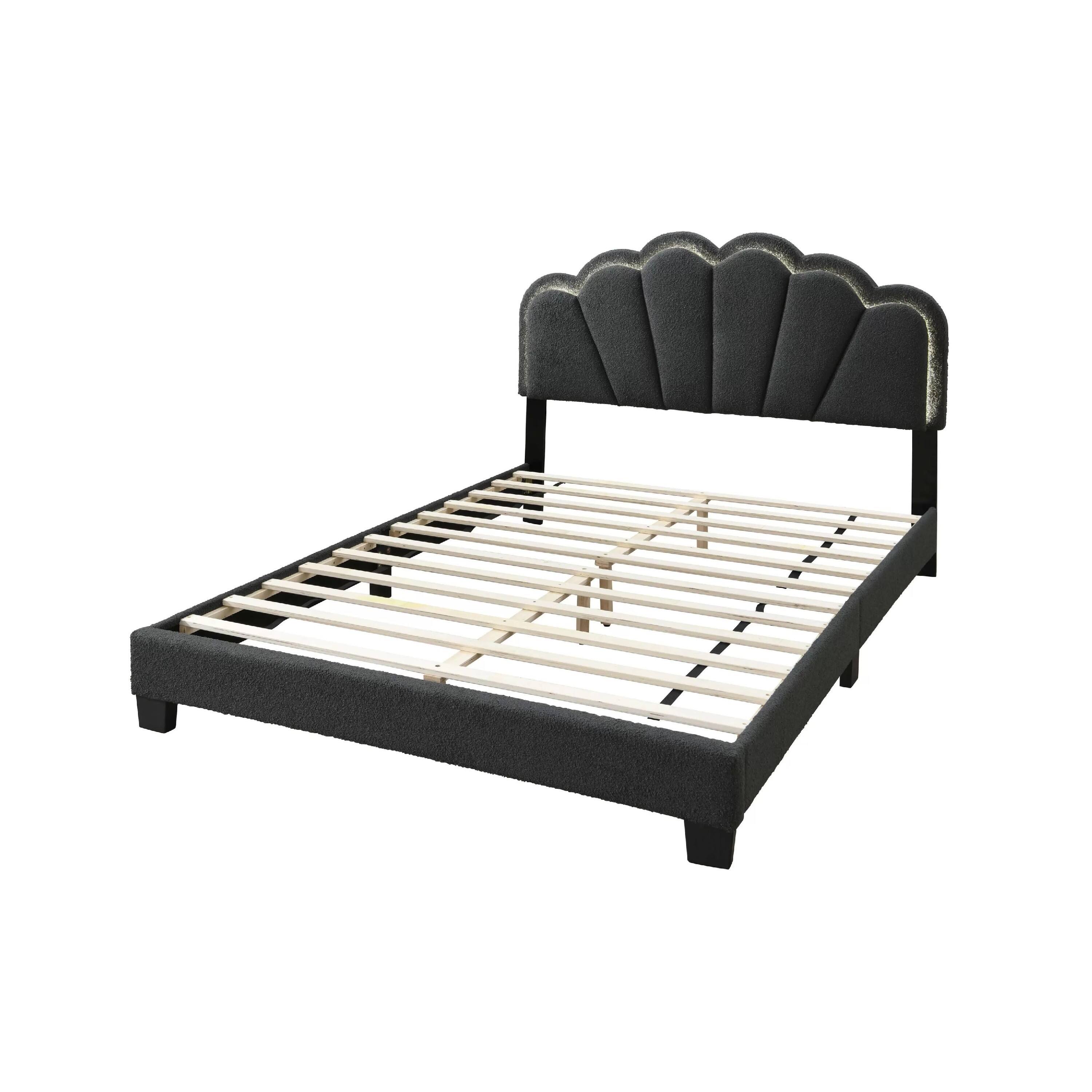 Angle. Manhattan Lane - Madsy Full Bed, Gray Upholstered Fan-Shaped Headboard, Metallic Accents - Charcoal Gray, Black.