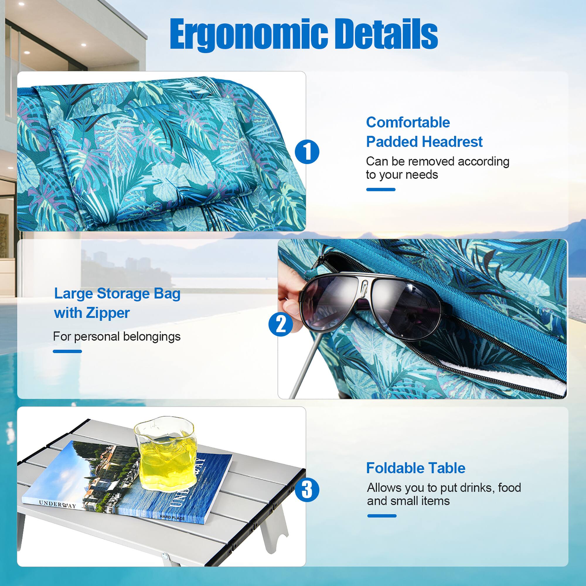 Ergonomic Details

1. Comfortable Padded Headrest
   - Can be removed according to your needs

2. Large Storage Bag with Zipper
   - For personal belongings

3. Foldable Table
   - Allows you to put drinks, food, and small items