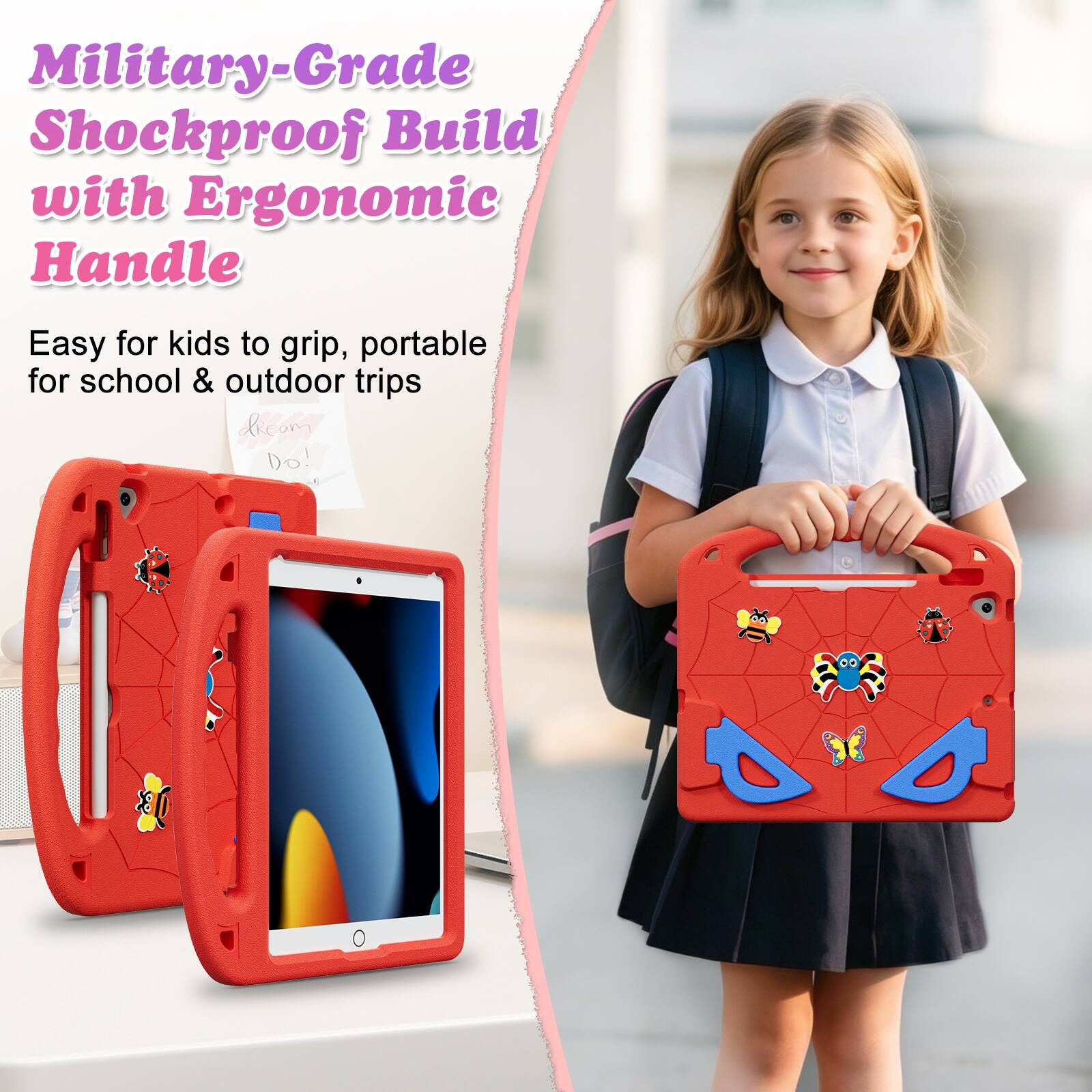 Military-Grade Shockproof Build with Ergonomic Handle  
Easy for kids to grip, portable for school & outdoor trips