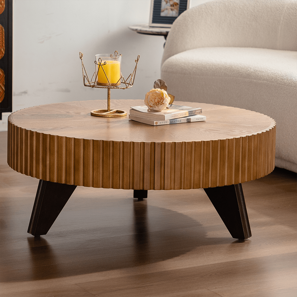 Angle. Trinkets Crazed - Solid Round Coffee Table, Pedestal Design With Rustic Wood Grain | Space-Saving Accent Table - Natural.