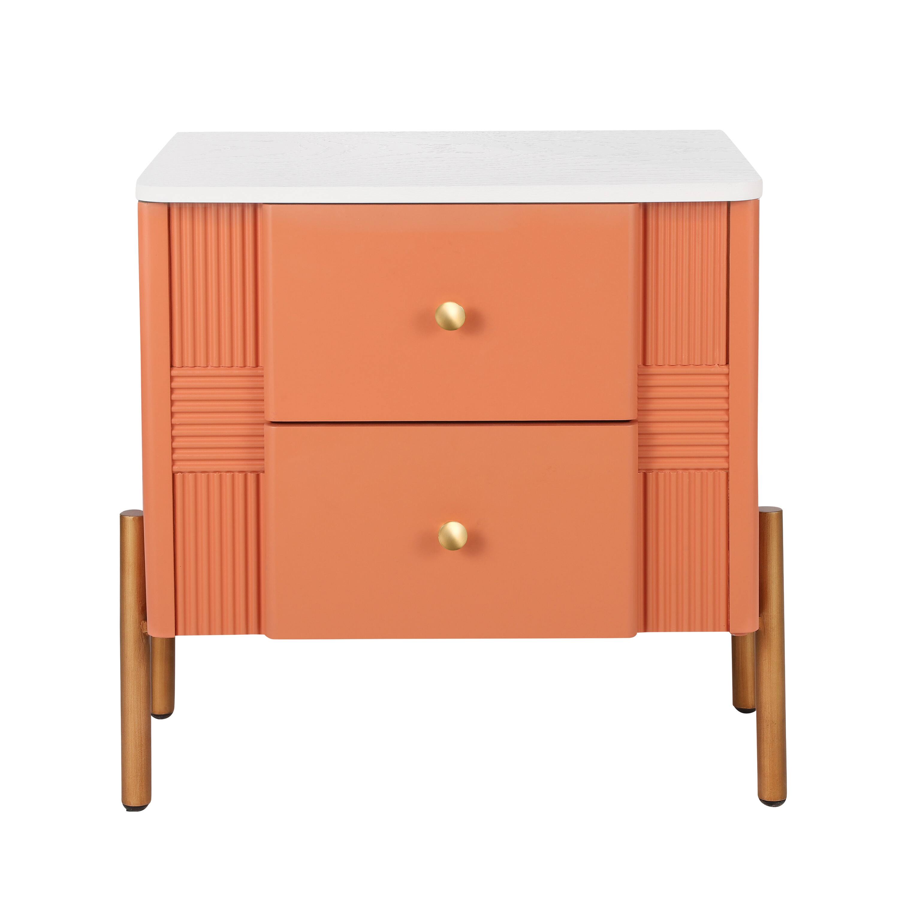 Alt View 4. Spaco - Spaco Modern Nightstand with Style - Fluted Design, 2 Drawers, Golden Handles & Legs - Ideal for Bedroom & Living - Orange.