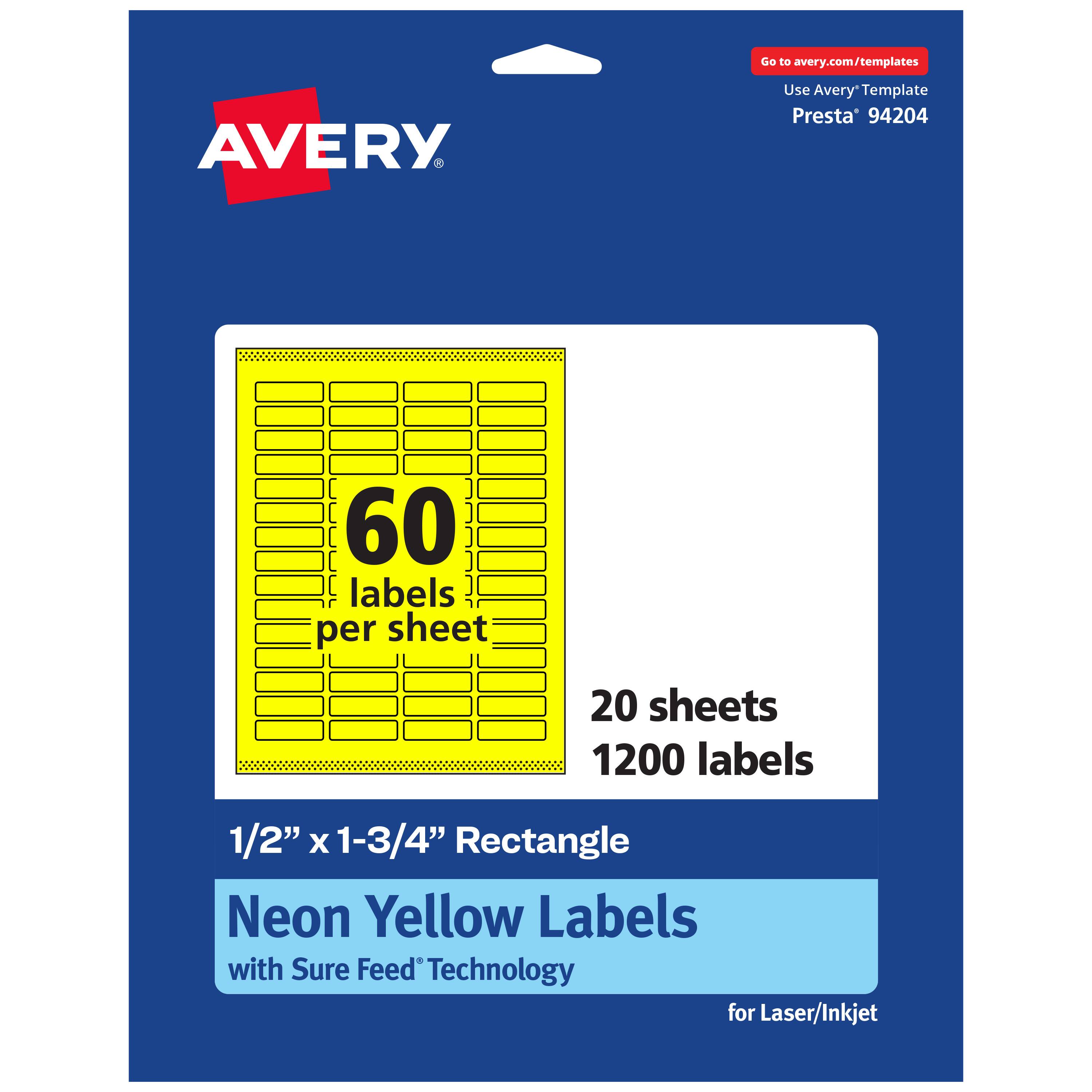 Go to avery.com/templates

AVERY

Use Avery Template Presta 94204

60 labels per sheet

20 sheets

1200 labels

1/2" x 1-3/4" Rectangle

Neon Yellow Labels

with Sure Feed Technology

for Laser/Inkjet