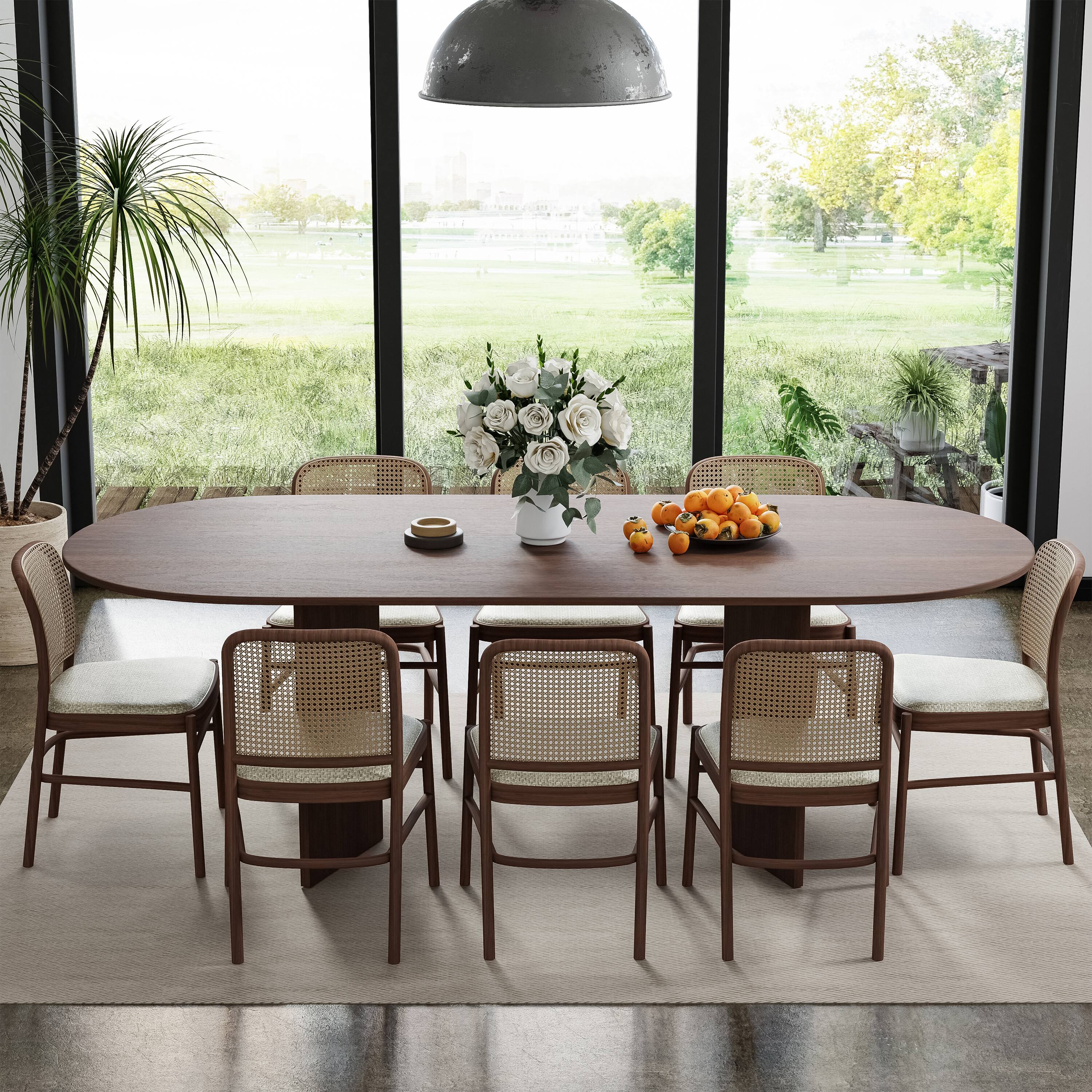 Alt View 6. PexFix - Minimalist Farmhouse Oak Dining Table | Oval Solid Wood, Double Pedestal Base for 8, 79-Inch - Walnut.