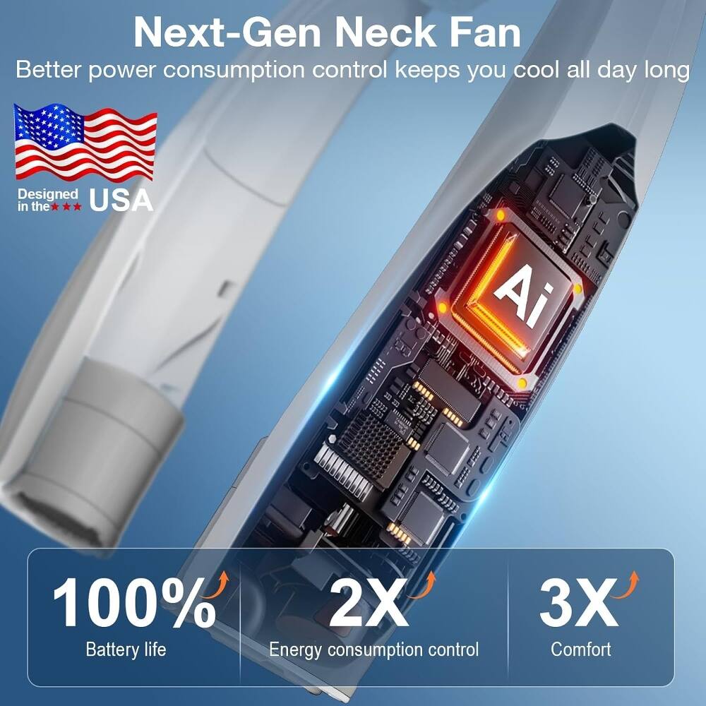 Next-Gen Neck Fan  
Better power consumption control keeps you cool all day long  
Designed in the USA  
100% Battery life  
2X Energy consumption control  
3X Comfort