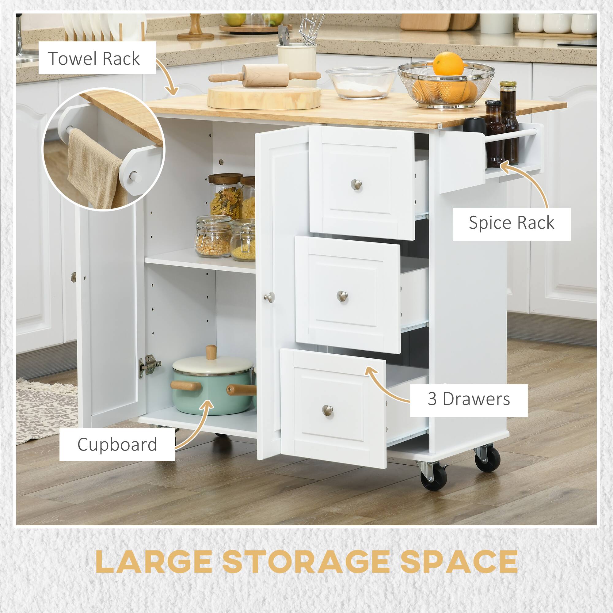 Towel Rack, Spice Rack, 3 Drawers, Cupboard, Large Storage Space