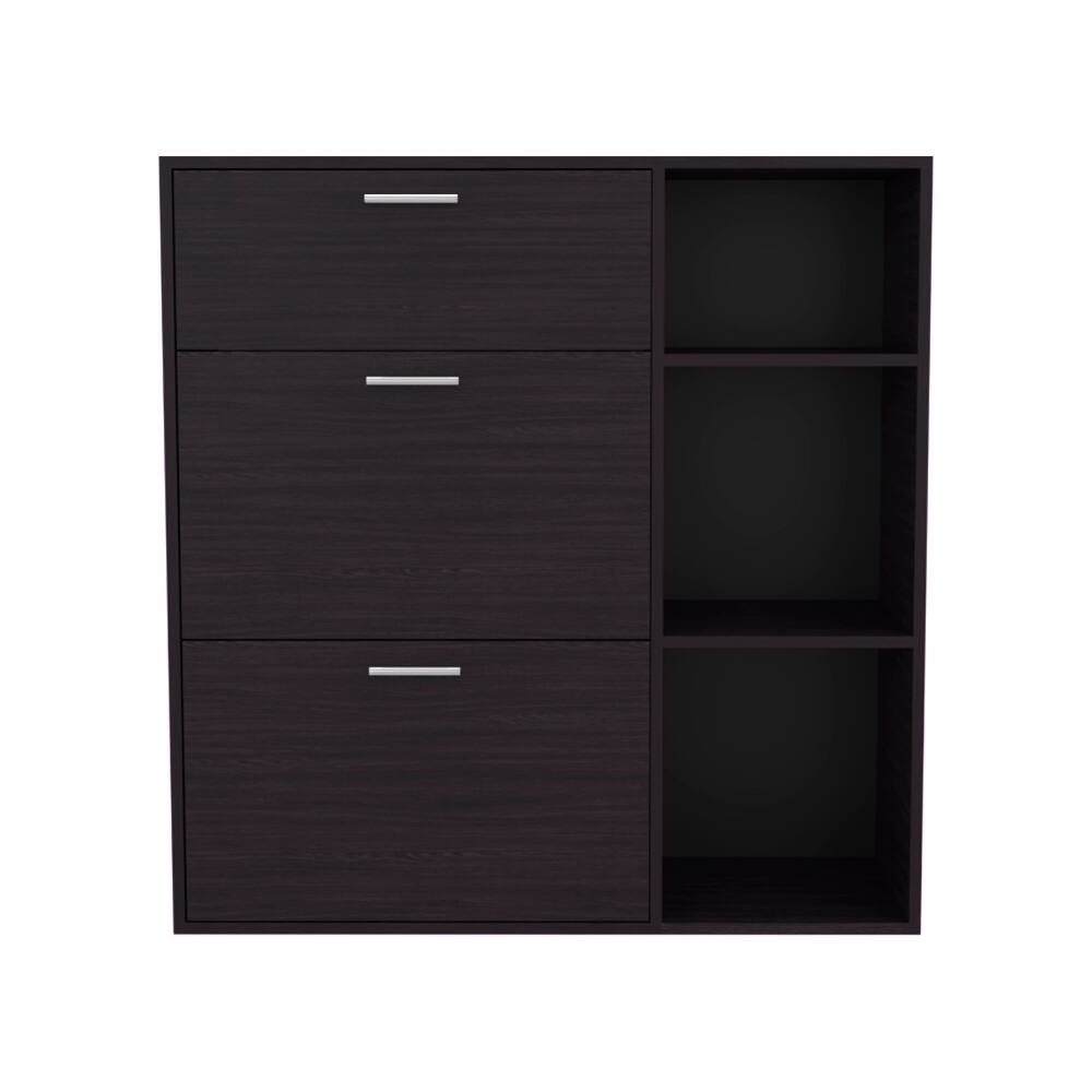 Angle. Loheer - Loheer black 3-door shoe cabinet, shoe storage with interior and side shelves - Black.