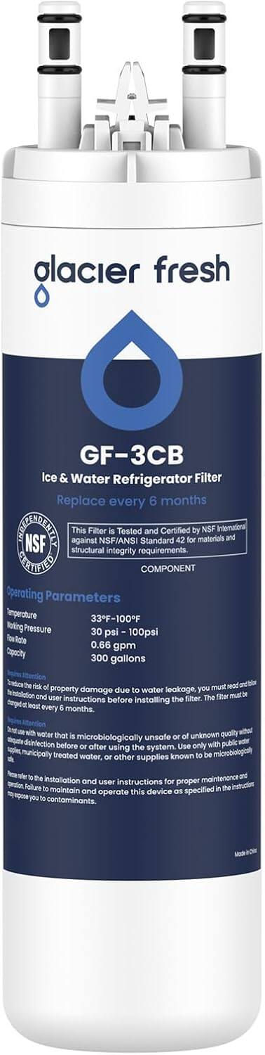 glacier fresh  
GF-3CB Ice & Water Refrigerator Filter  
Replace every 6 months  

This Filter is Tested and Certified by NSF International against NSF/ANSI Standard 42 for materials and NSF structural integrity requirements.  

CERTIFIED COMPONENT  
Operating Parameters  
Temperature 33F-100F  
Working Pressure 30 psi - 100psi  
Flow Rate 0.66 gpm  
Capacity 300 gallons  

To reduce the risk of property damage due to water leakage, you must read and follow the installation and user instructions before installing the filter. The filter must be changed at least every 6 months.  

Do not use with water that is microbiologically unsafe or of unknown quality without disinfection before or after using the system. Use only with public municipally treated water, or other supplies known to be microbiologically safe. Refer to the installation and user instructions for proper maintenance and operation of this device as specified. Failure to maintain and operate this device as specified exposes you to contaminants.
