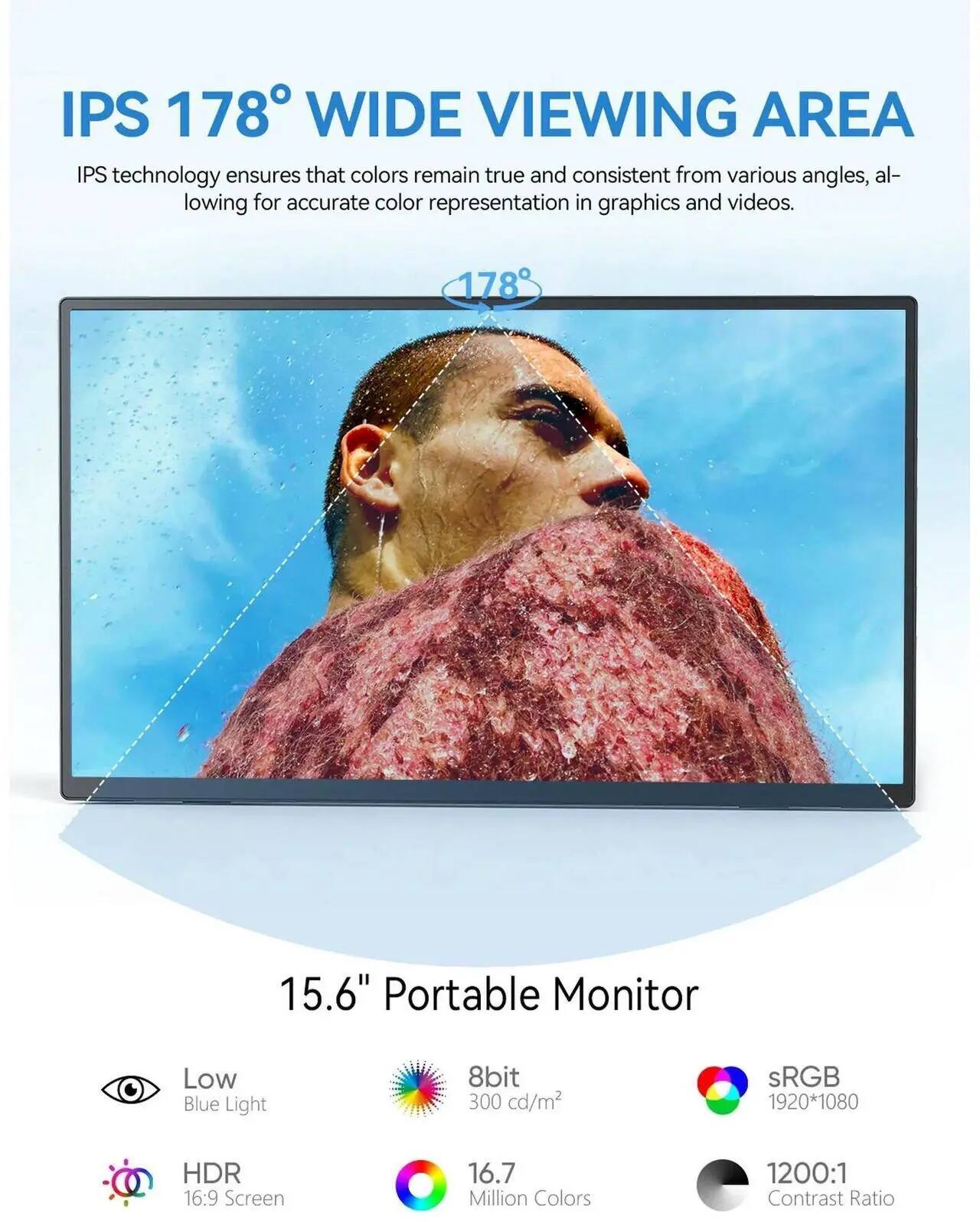 IPS 178° Wide Viewing Area  
IPS technology ensures that colors remain true and consistent from various angles, allowing for accurate color representation in graphics and videos.

15.6" Portable Monitor  
- Low Blue Light  
- 8bit 300 cd/m²  
- sRGB 1920*1080  
- HDR  
- 16:9 Screen  
- 16.7 Million Colors  
- 1200:1 Contrast Ratio
