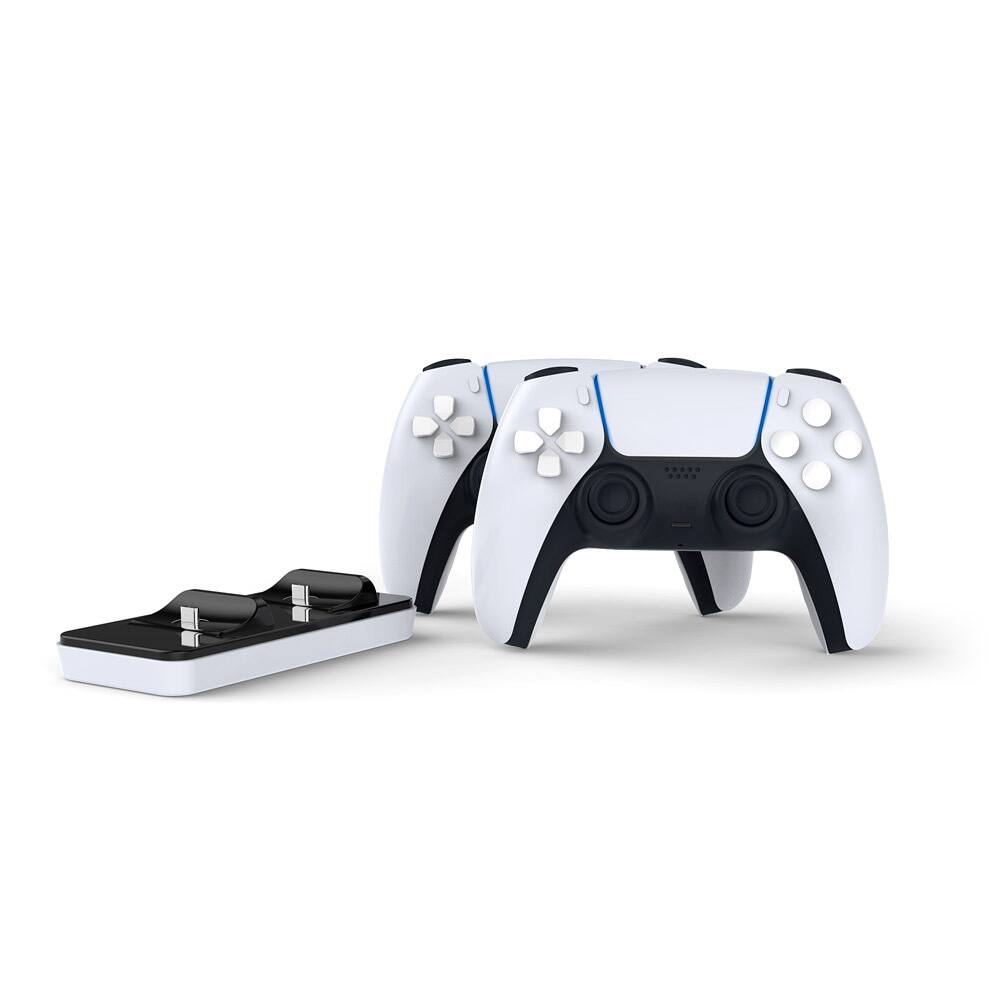 The image shows a white and black PlayStation controller with a matching charging dock.