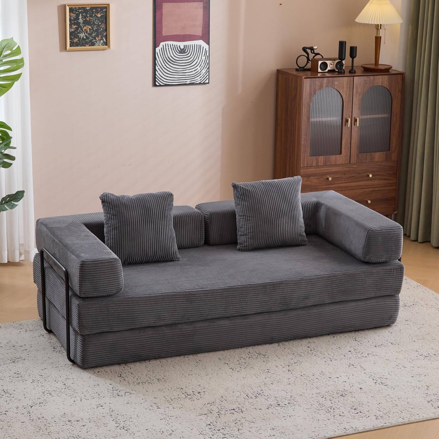 Alt View 7. Trinkets Crazed - Convertible Floor Sofa Bed with Fixed-Shape Frame, Corduroy Boneless Sofa Folding Mattress Couch with Armrest - dark gray.