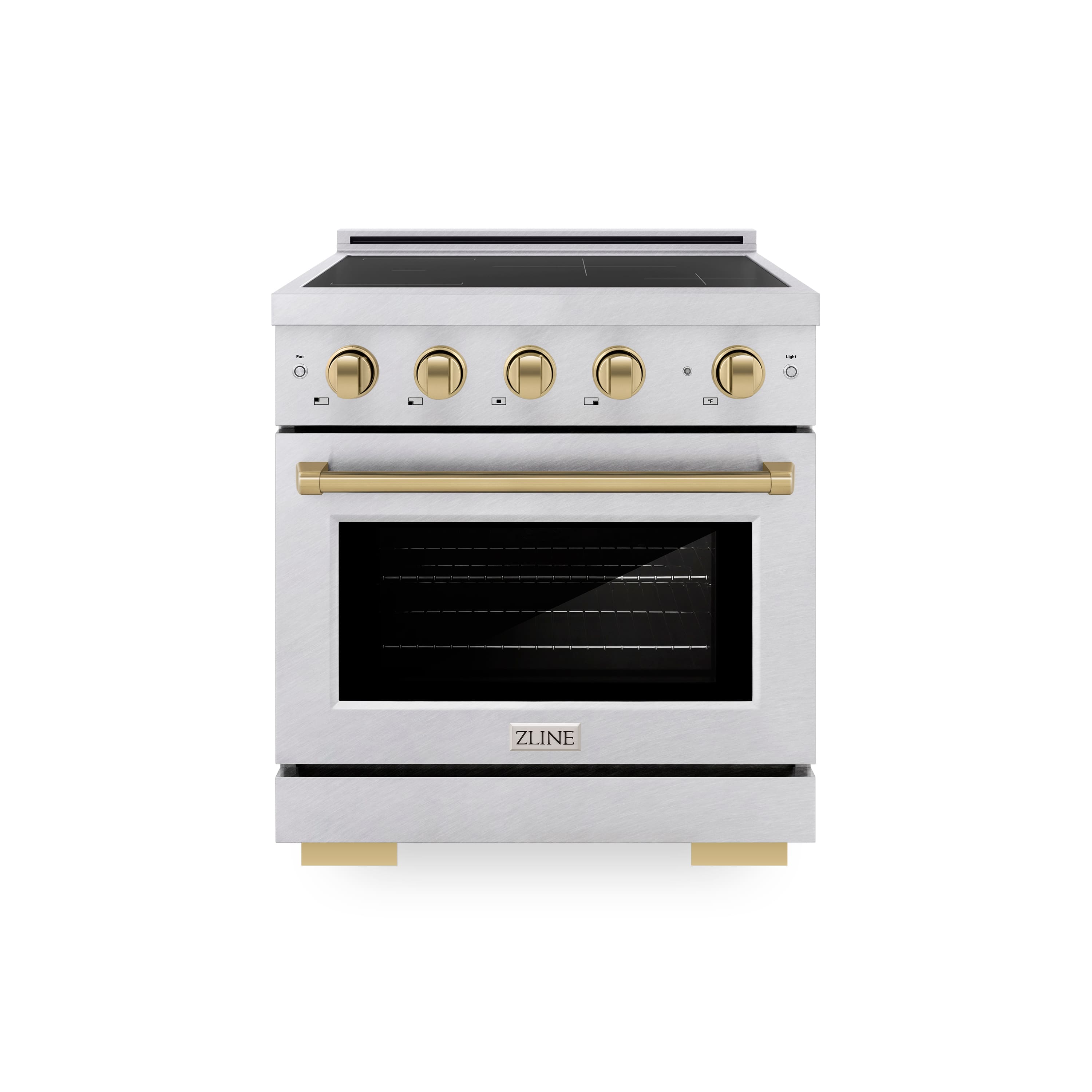 Front. ZLINE - 30 in. Wide 4 Elements Autograph 4.2 cu. ft. Paramount Freestanding Induction Range in Satin Steel with Bronze Accents - Satin Stainless Steel.