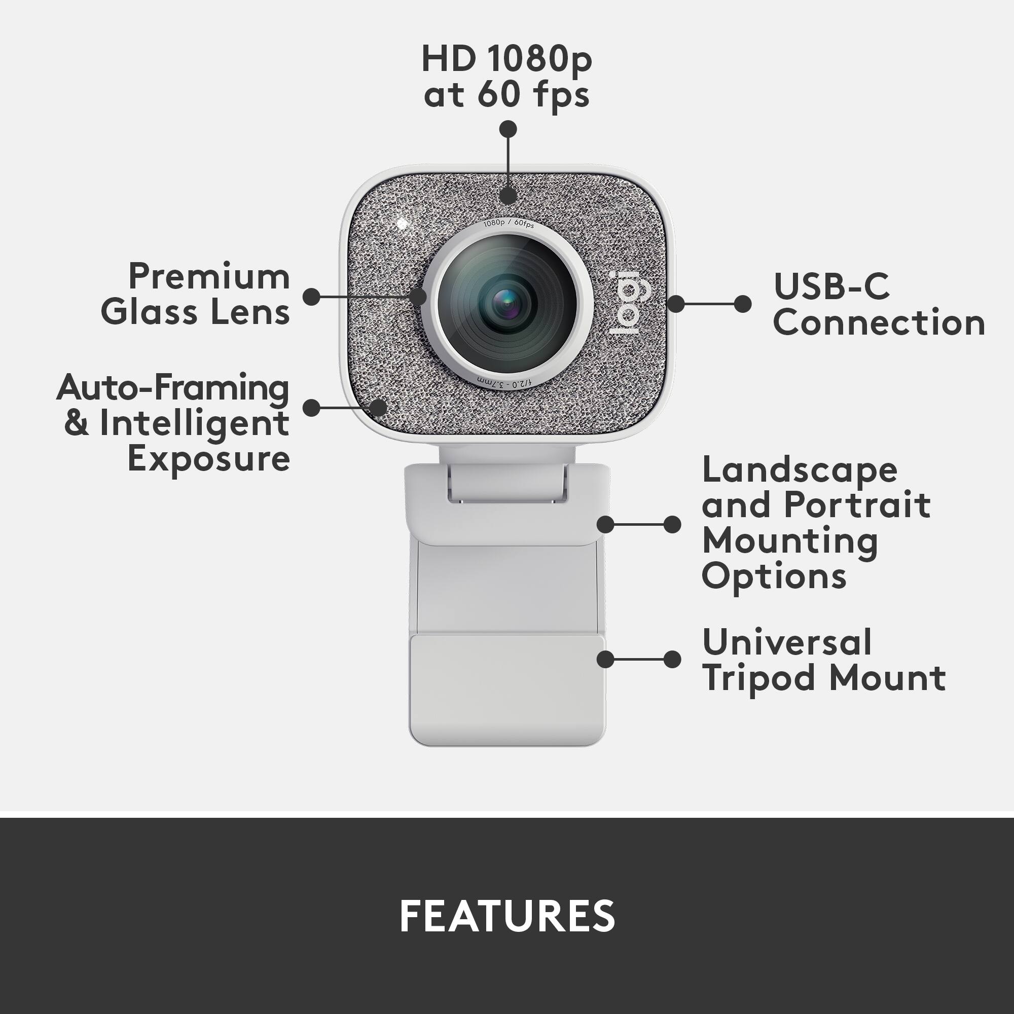 Features:

* HD 1080p at 60 fps
* Premium Glass Lens
* Auto-Framing & Intelligent Exposure
* USB-C connection
* Landscape and Portrait Mounting Options
* Universal Tripod Mount