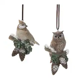BreeBe - Snowy Cardinal Bird and Owl Ornament (Set of 12) - Brown, Green