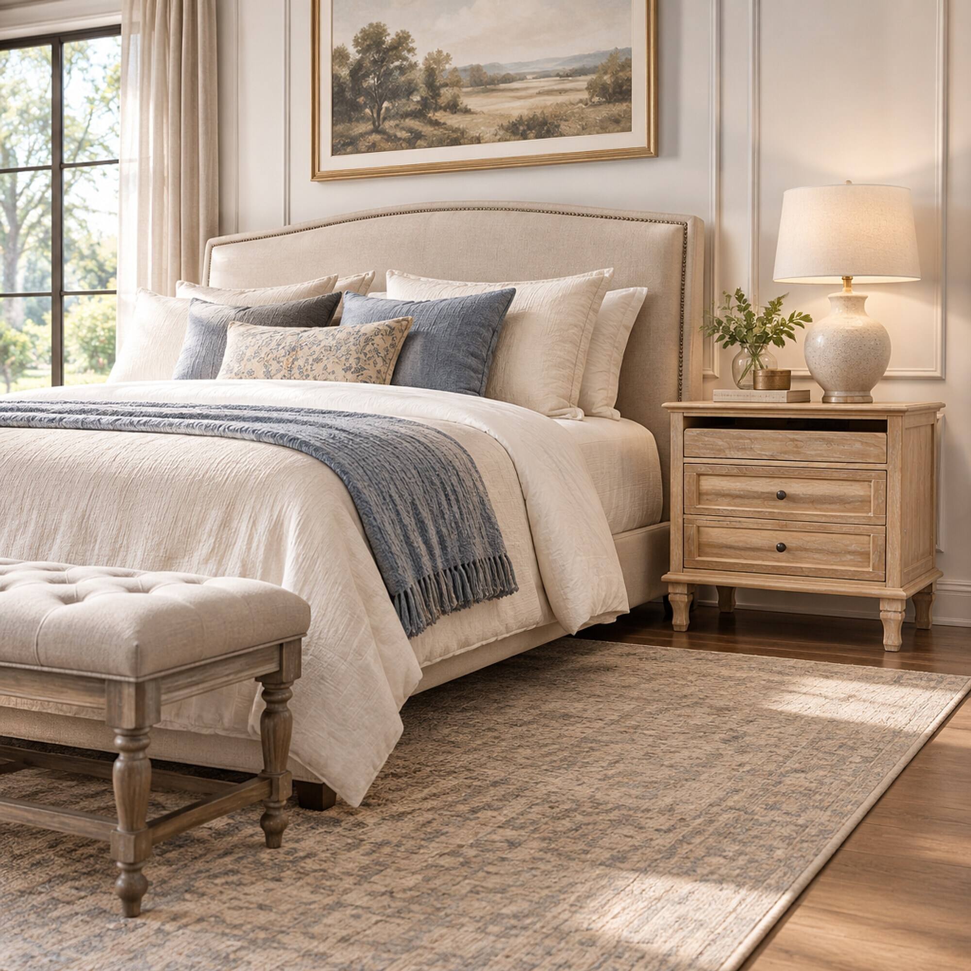 Angle. RYHNUYNE - 28 in Wood Nightstand, Farmhouse Bedside Table, 3 Drawers, Charging Station, USB and Type-C Ports - Natural.